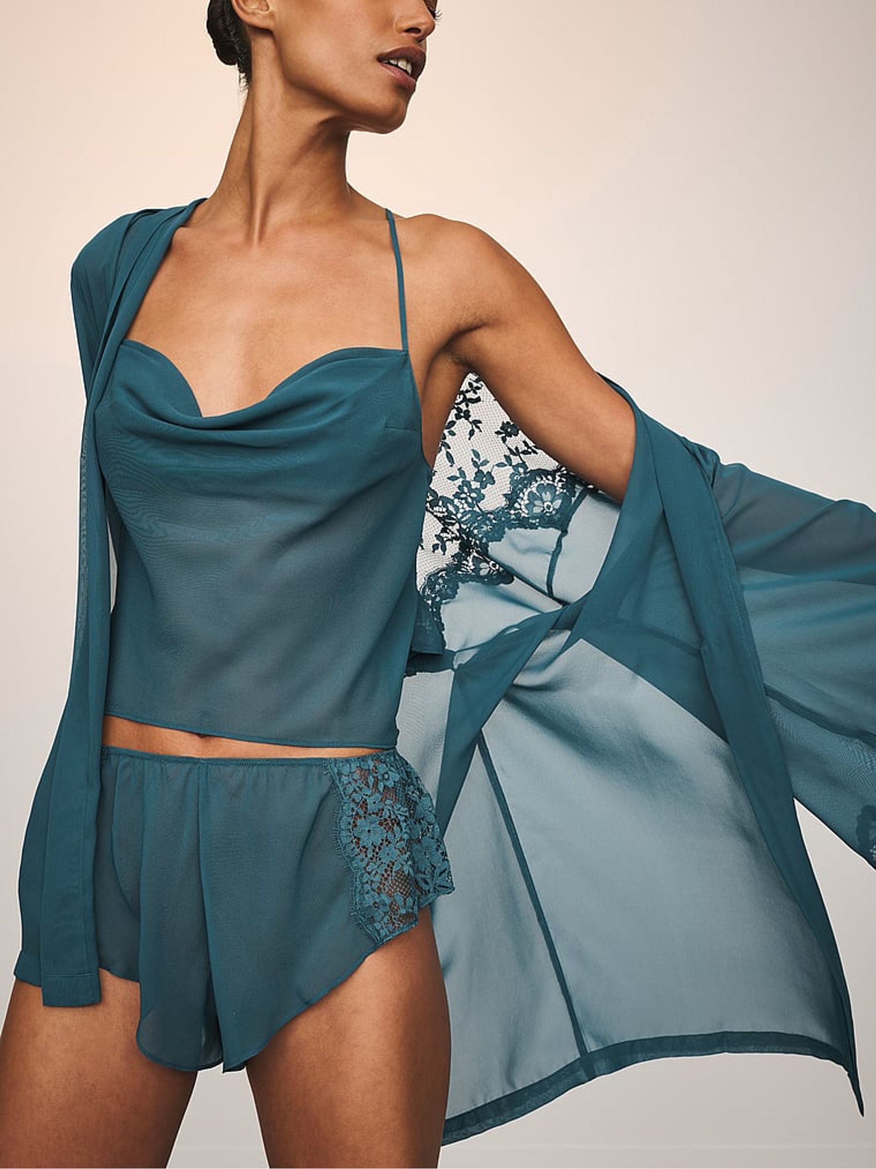 Teal Haze Blue Chiffon & Lace Open Back Flutter Cami Set - Image 3 of 3