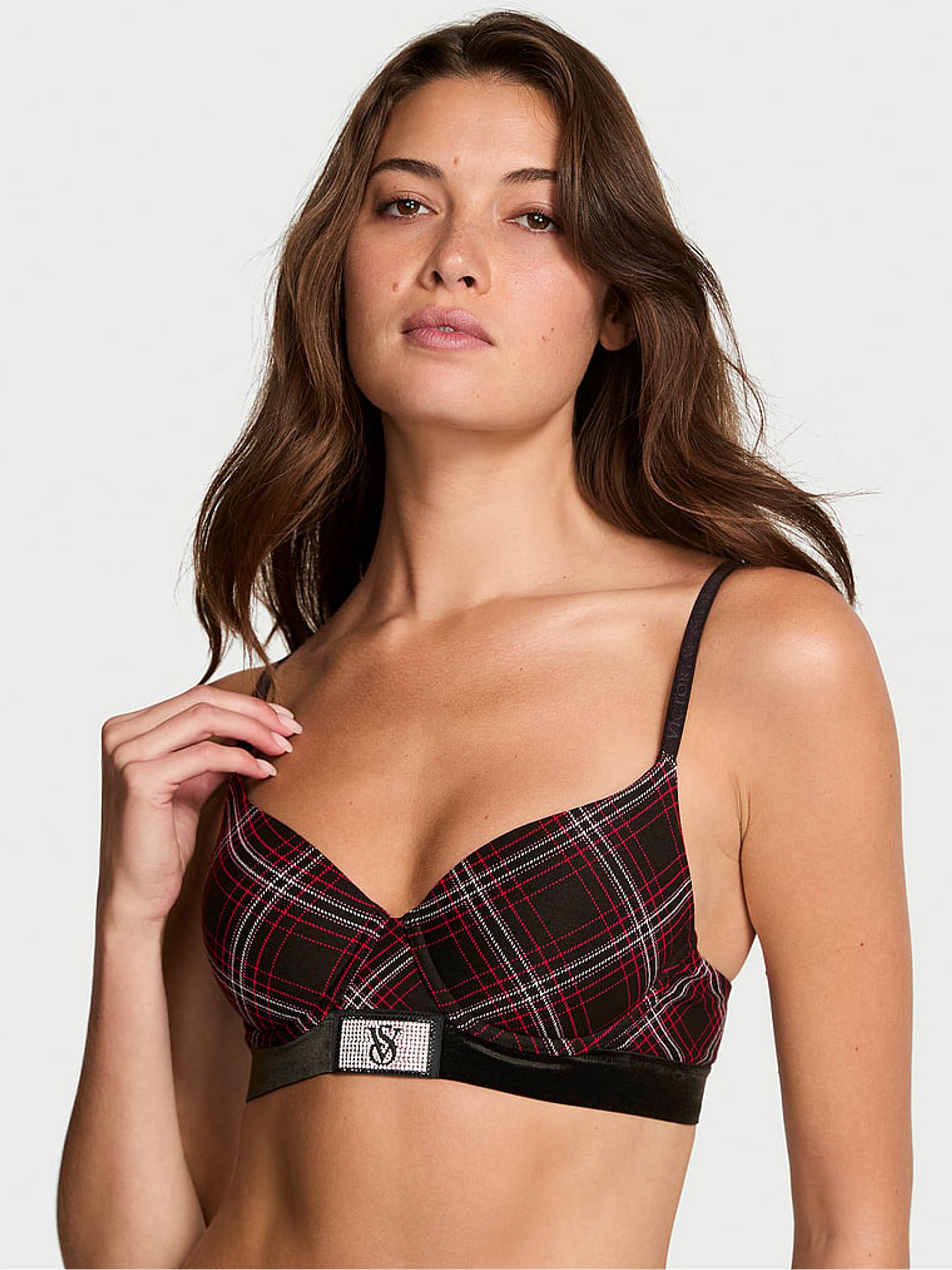 Black Tartan Lightly Lined Demi Logo Shine Patch Velvet Bra - Image 1 of 3