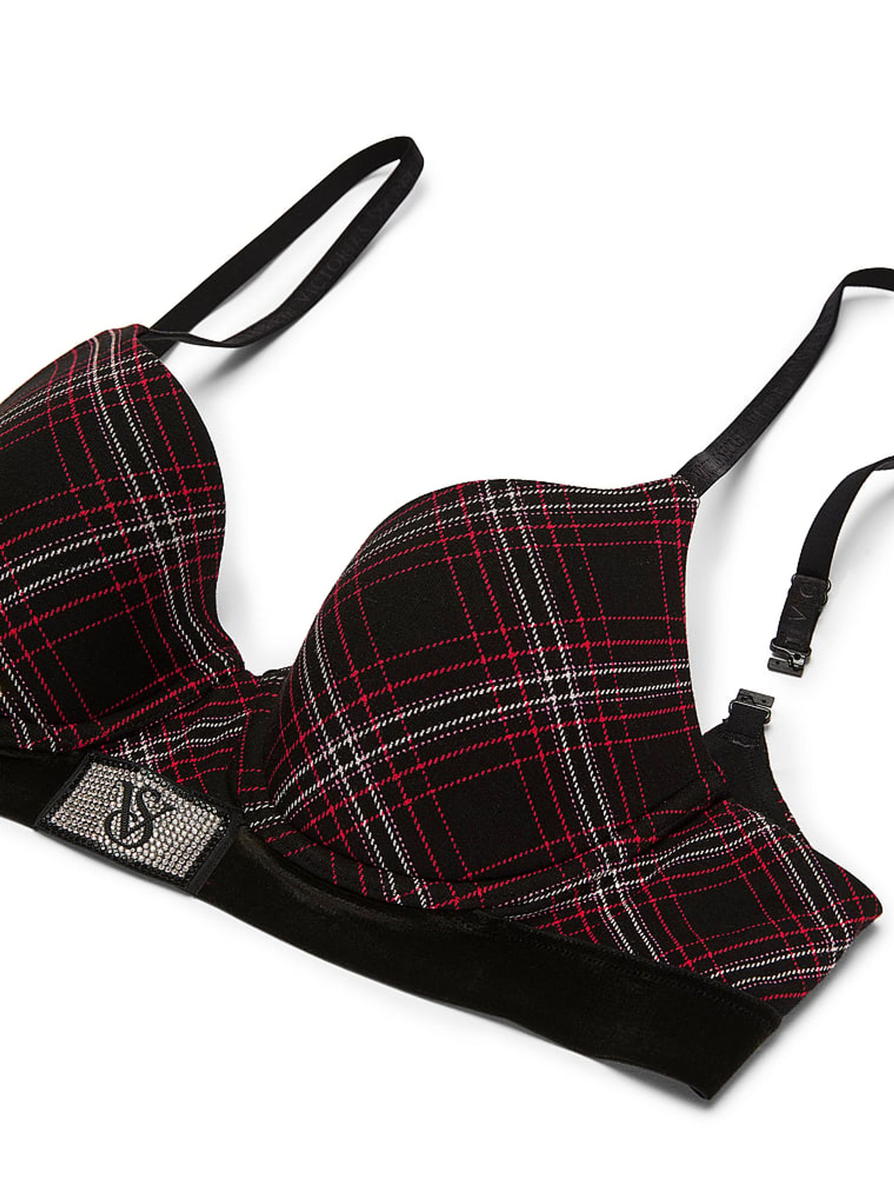 Black Tartan Lightly Lined Demi Logo Shine Patch Velvet Bra - Image 3 of 3