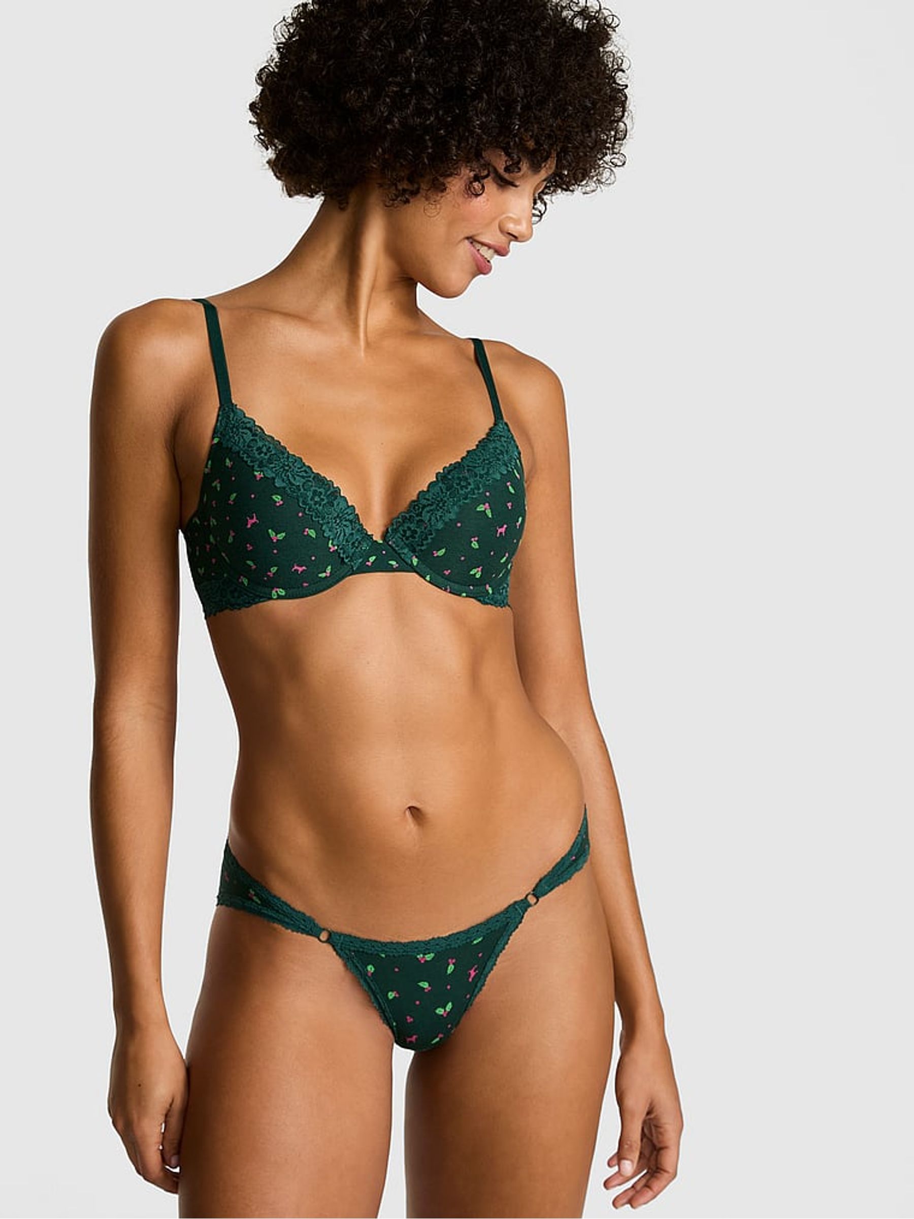 Deep Forest Green Holly Print Push Up Cotton Heather Lace Trim Bra - Image 1 of 2