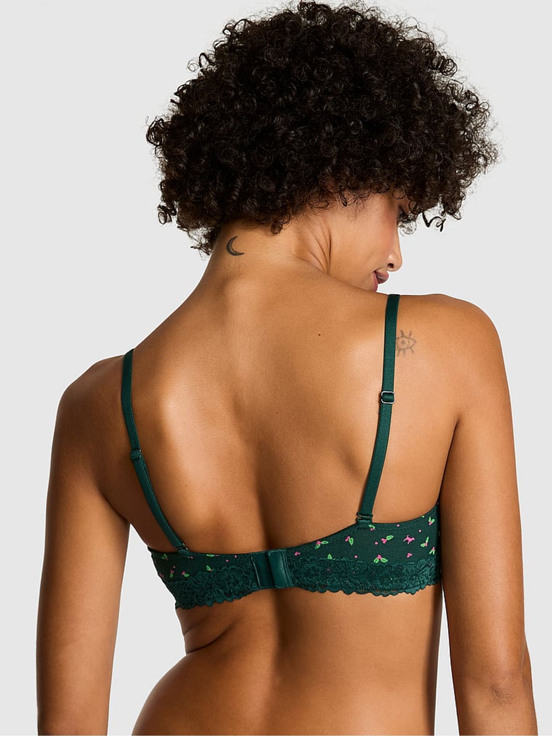 Deep Forest Green Holly Print Push Up Cotton Heather Lace Trim Bra - Image 2 of 2