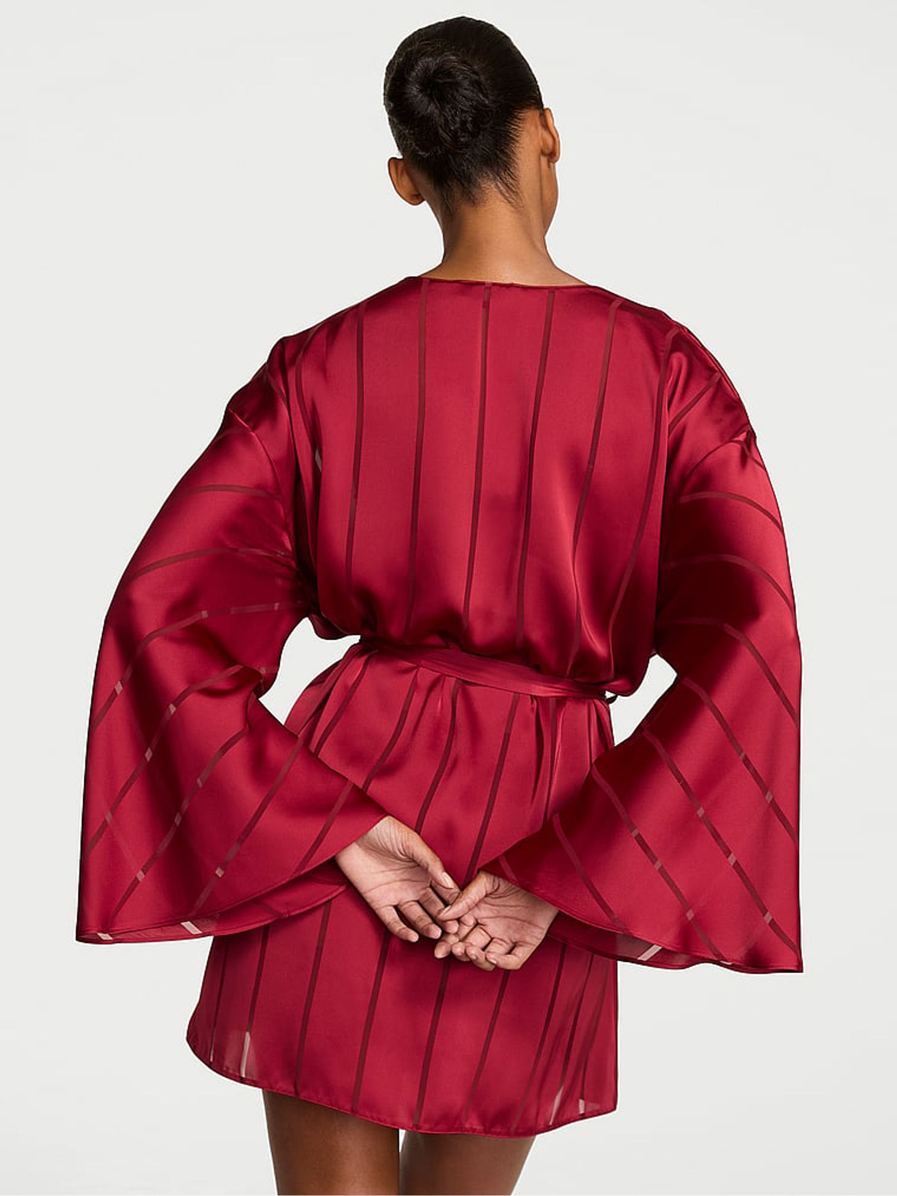 Red Lacquer Satin Sheer Stripe Short Robe - Image 2 of 3
