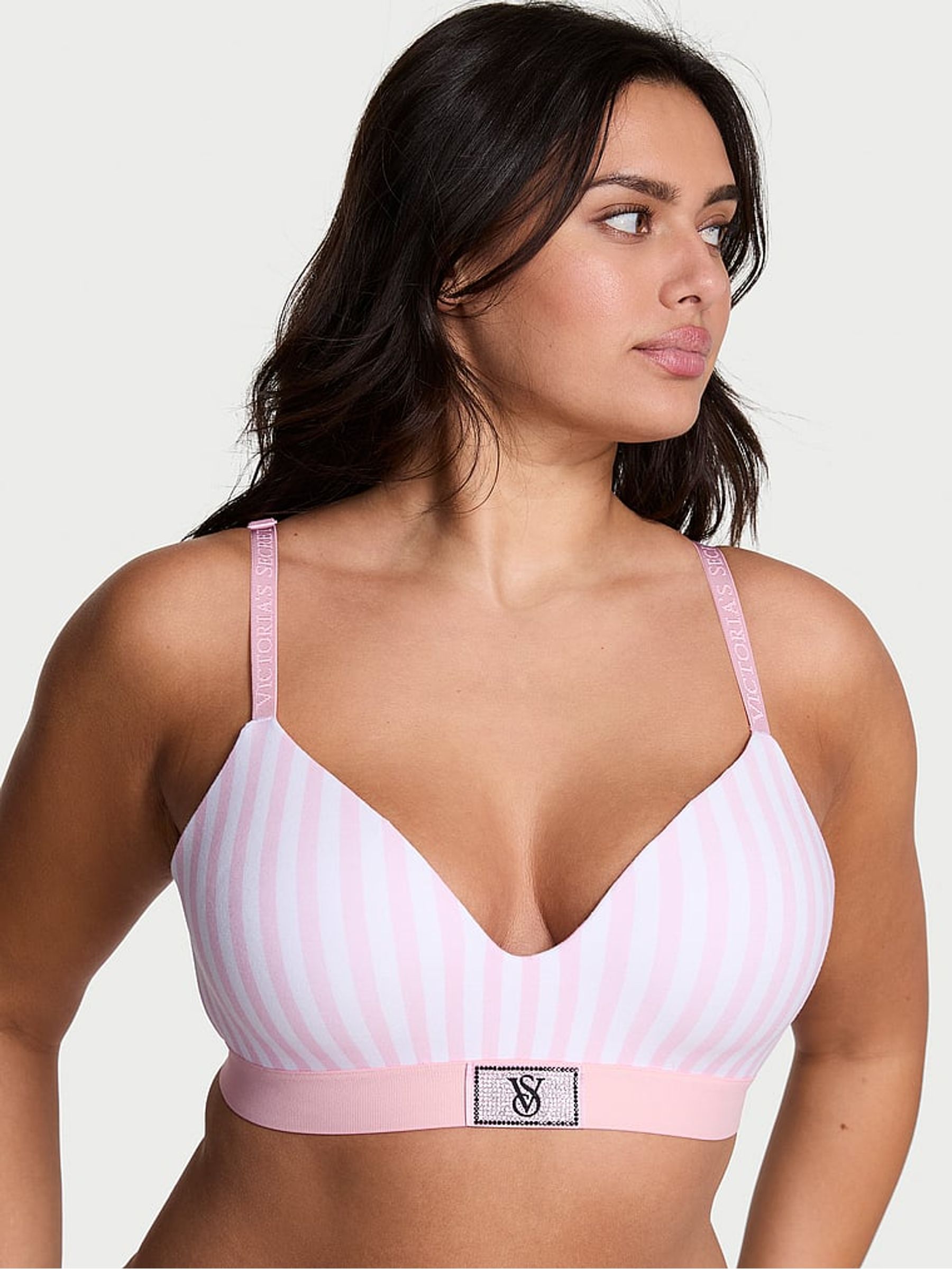 Pink Stripe Non Wired Lightly Lined Logo Shine Patch Bra - Image 1 of 2 Pink Stripe Non Wired Lightly Lined Logo Shine Patch Bra - Image 1 of 2