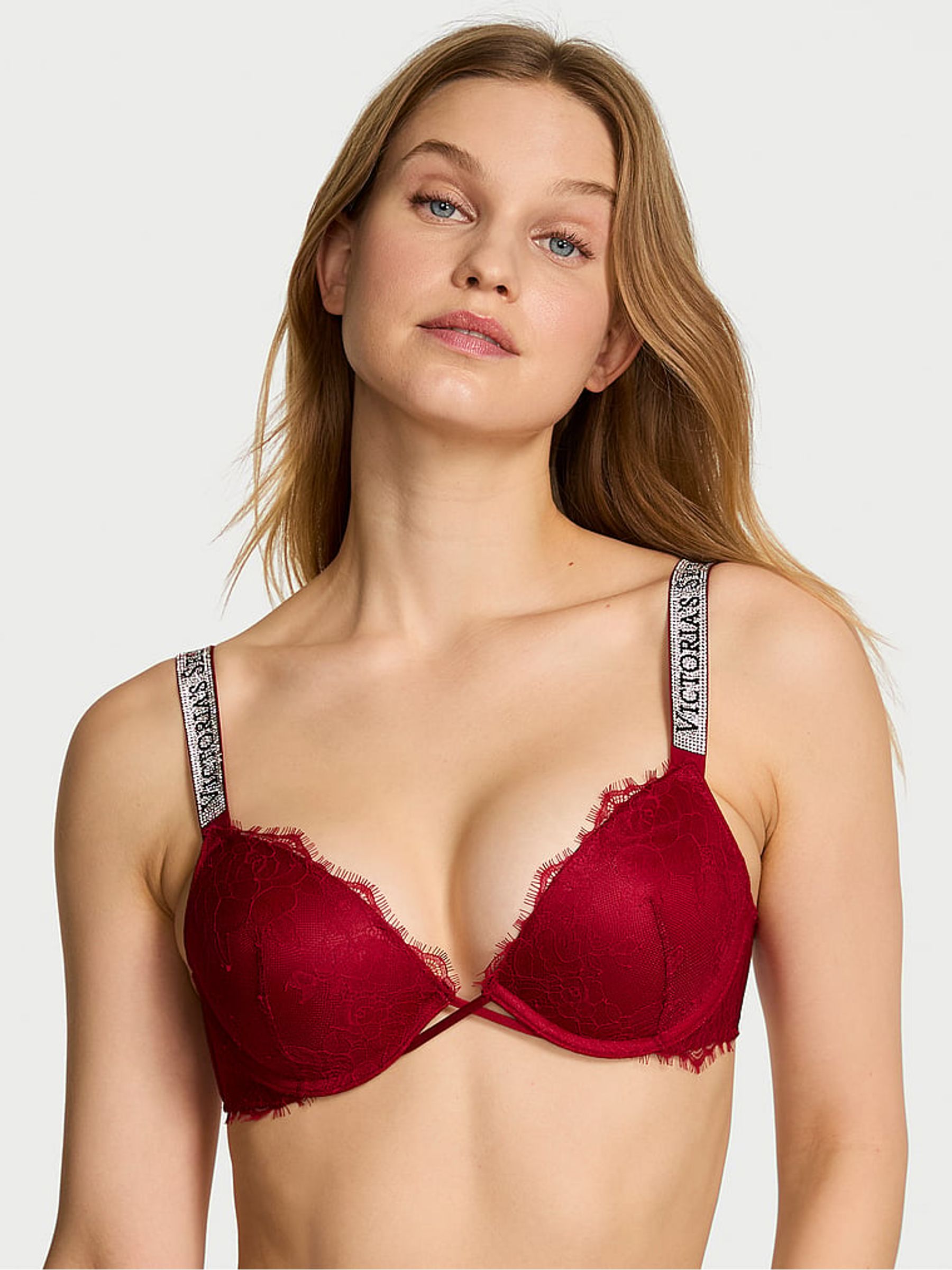 Red Lacquer Push Up Shine Strap Lace Bra - Image 1 of 2