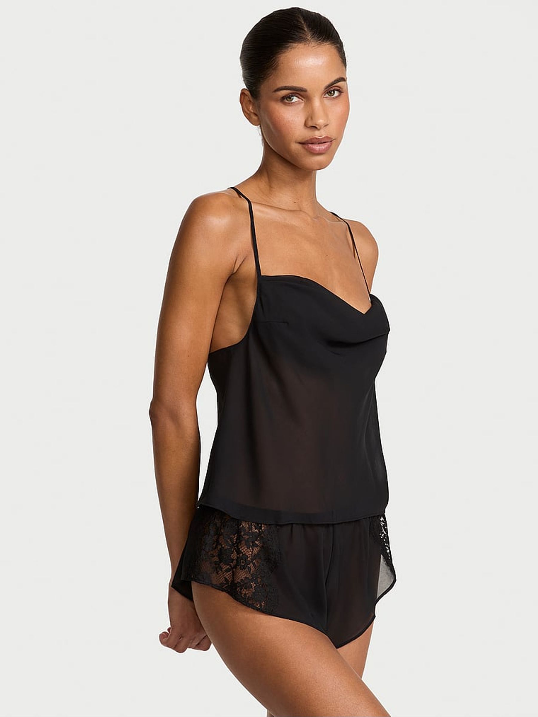 Black Chiffon & Lace Open Back Flutter Cami Set - Image 1 of 2