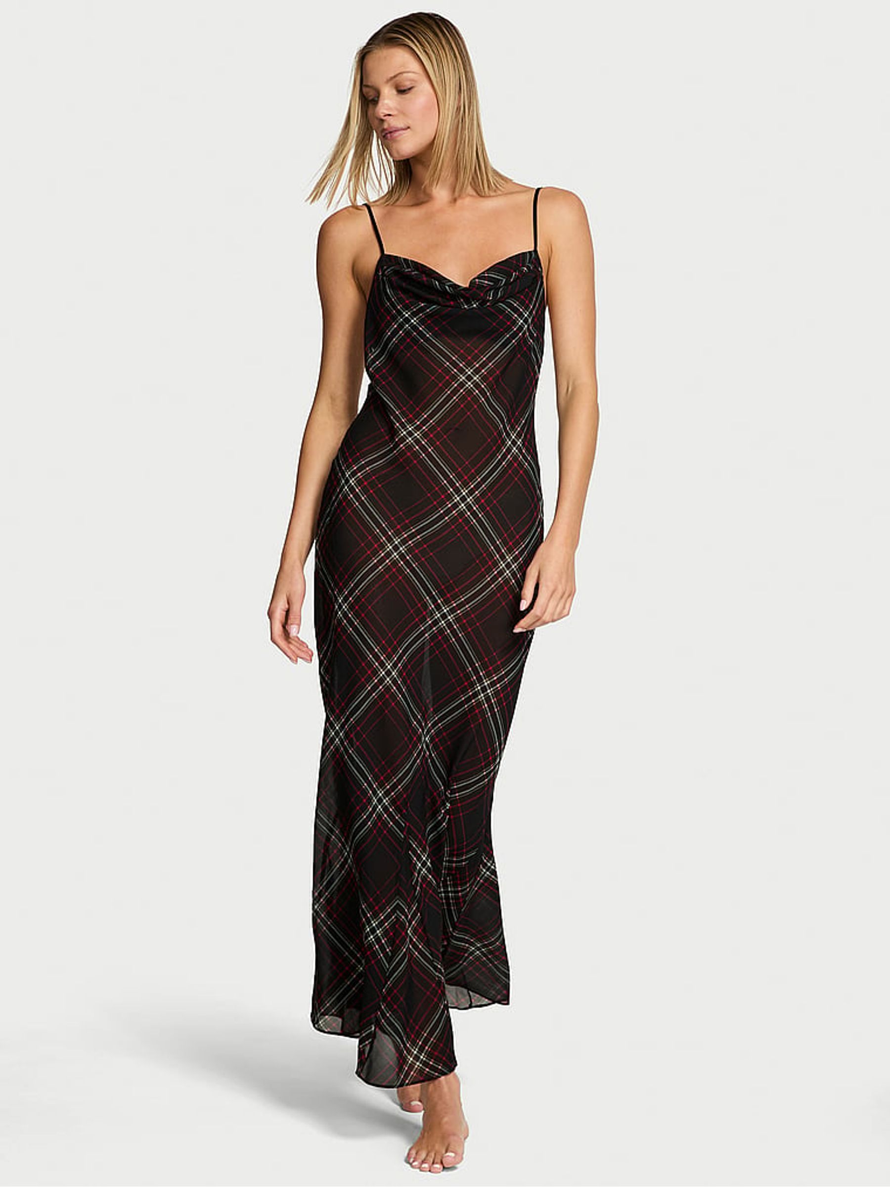 Black Chiffon Tartan Draped Maxi Slip Dress - Image 1 of 2