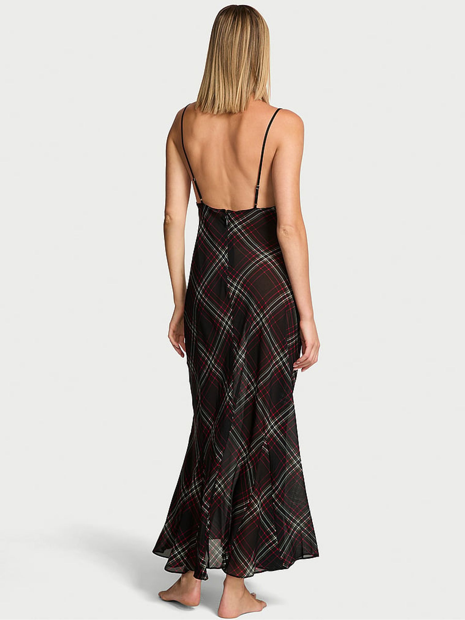 Black Chiffon Tartan Draped Maxi Slip Dress - Image 2 of 2