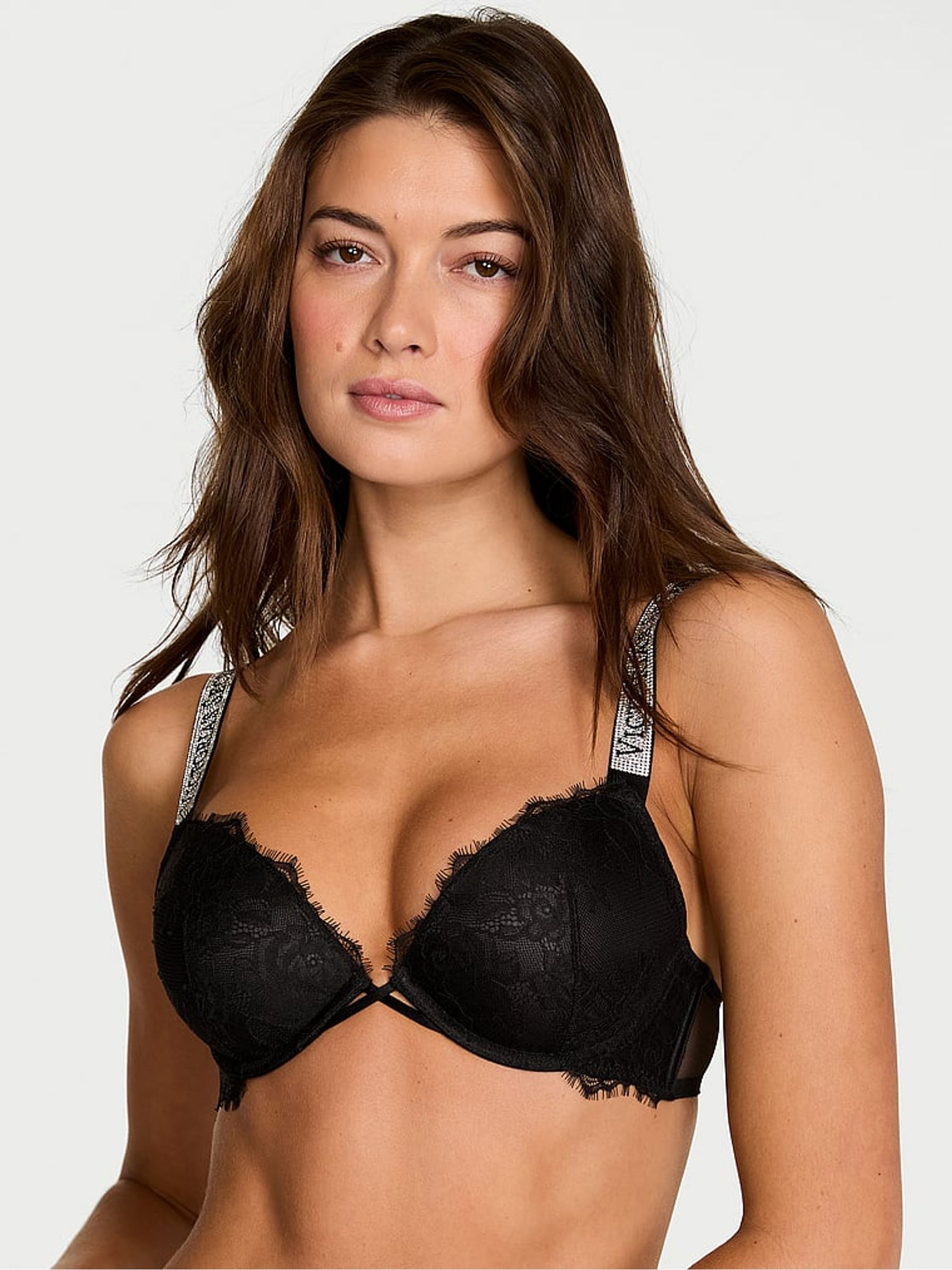 Black Push Up Shine Strap Lace Bra - Image 1 of 2