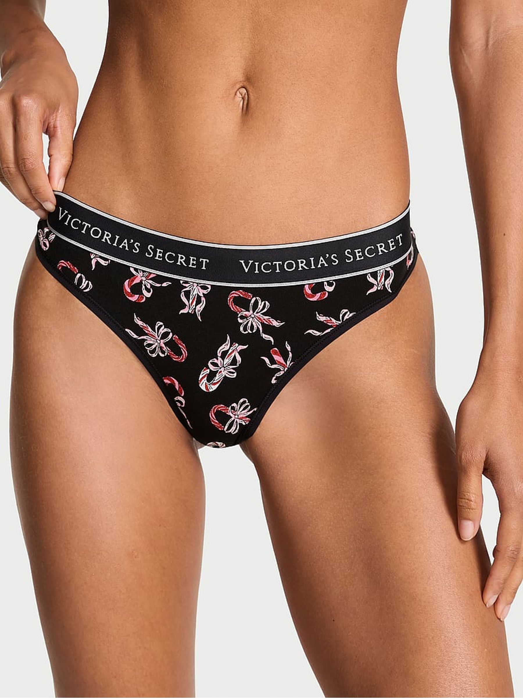 Black Candy Cane Thong Logo Knickers - Image 1 of 2