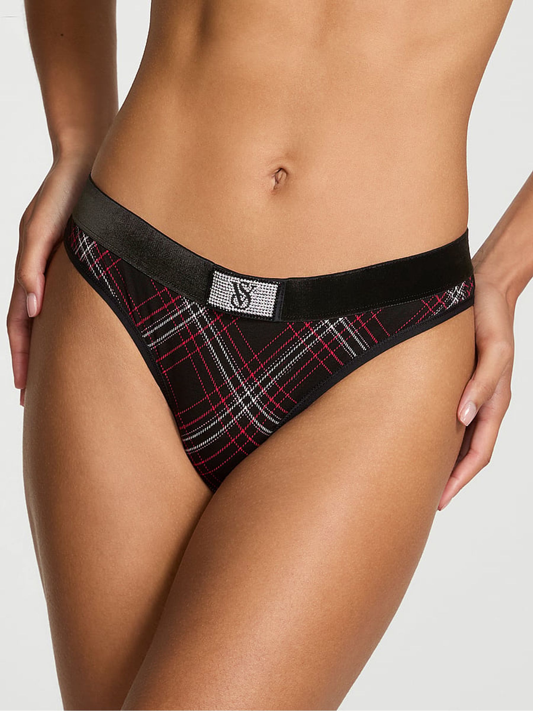 Black Tartan Thong Logo Shine Patch Velvet Knickers - Image 1 of 2 Black Tartan Thong Logo Shine Patch Velvet Knickers - Image 1 of 2