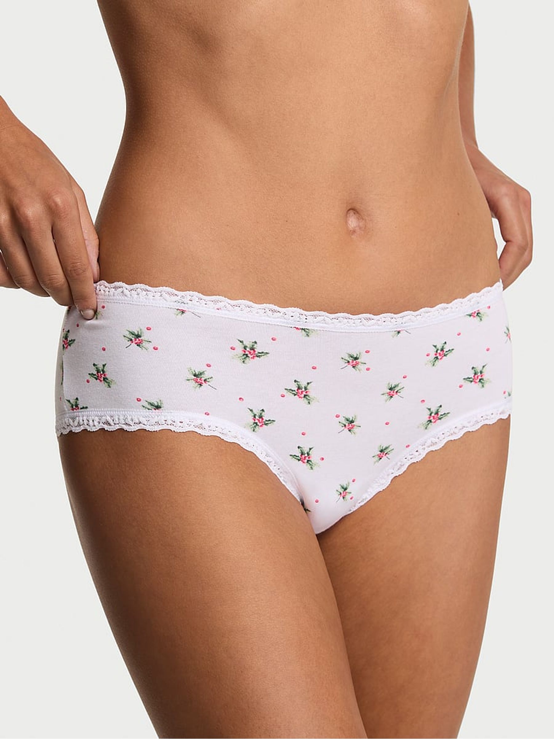 White Christmas Holly Cheeky Cotton Lace Trim Knickers - Image 1 of 2