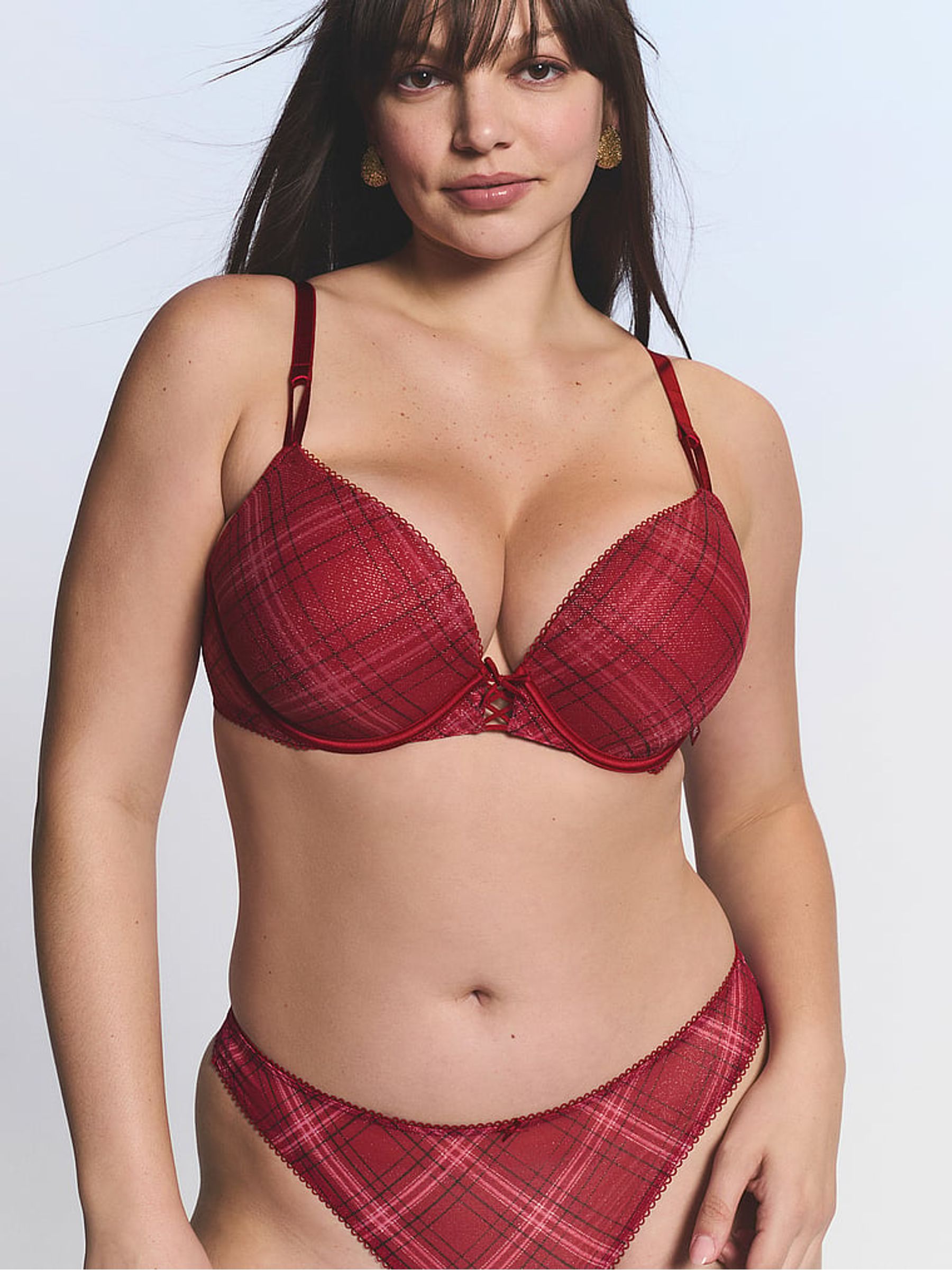 Red Lacquer Thong Shimmer Mesh Tartan Knickers - Image 3 of 3