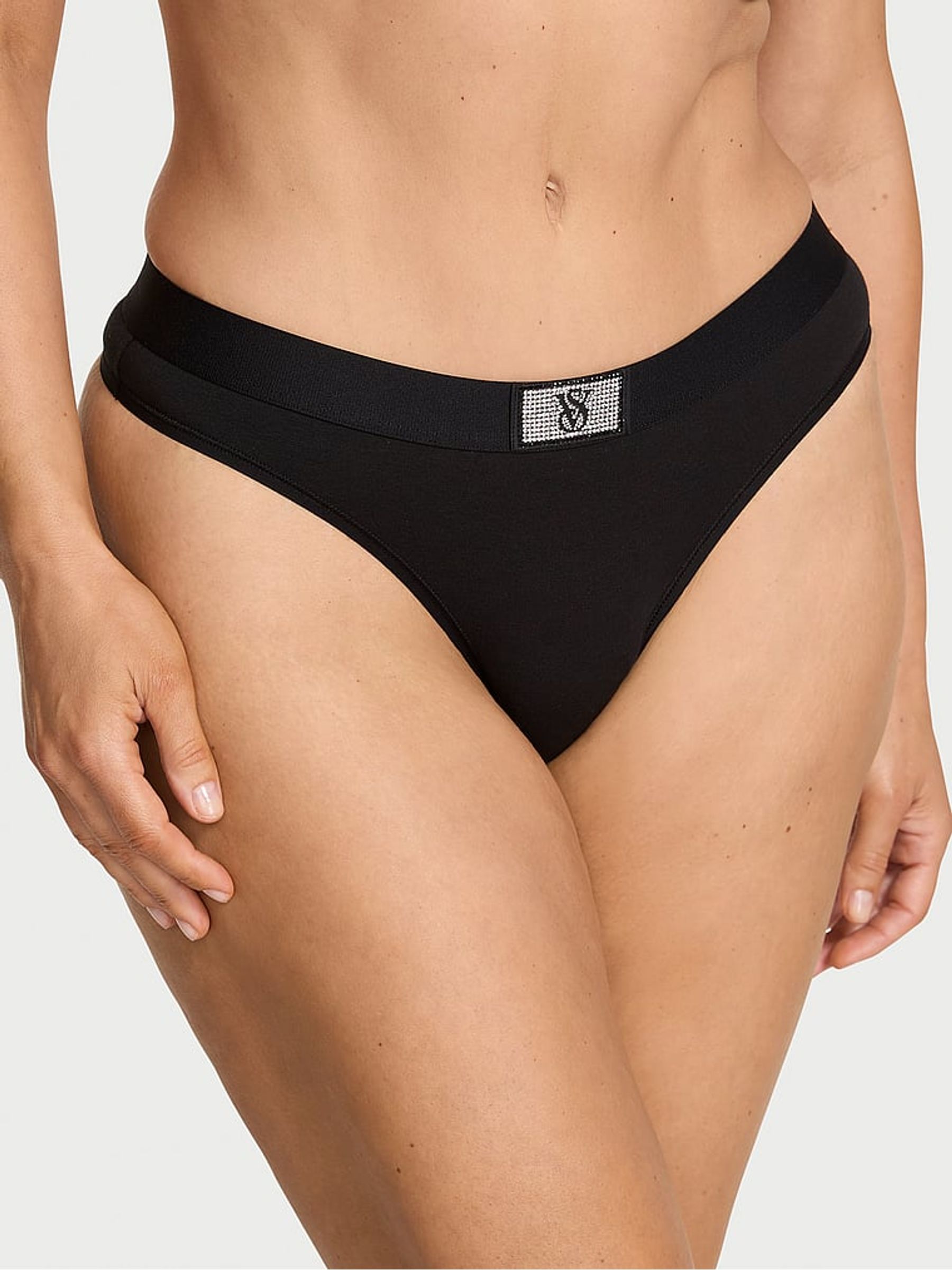 Black Thong Logo Shine Patch Knickers - Image 1 of 2