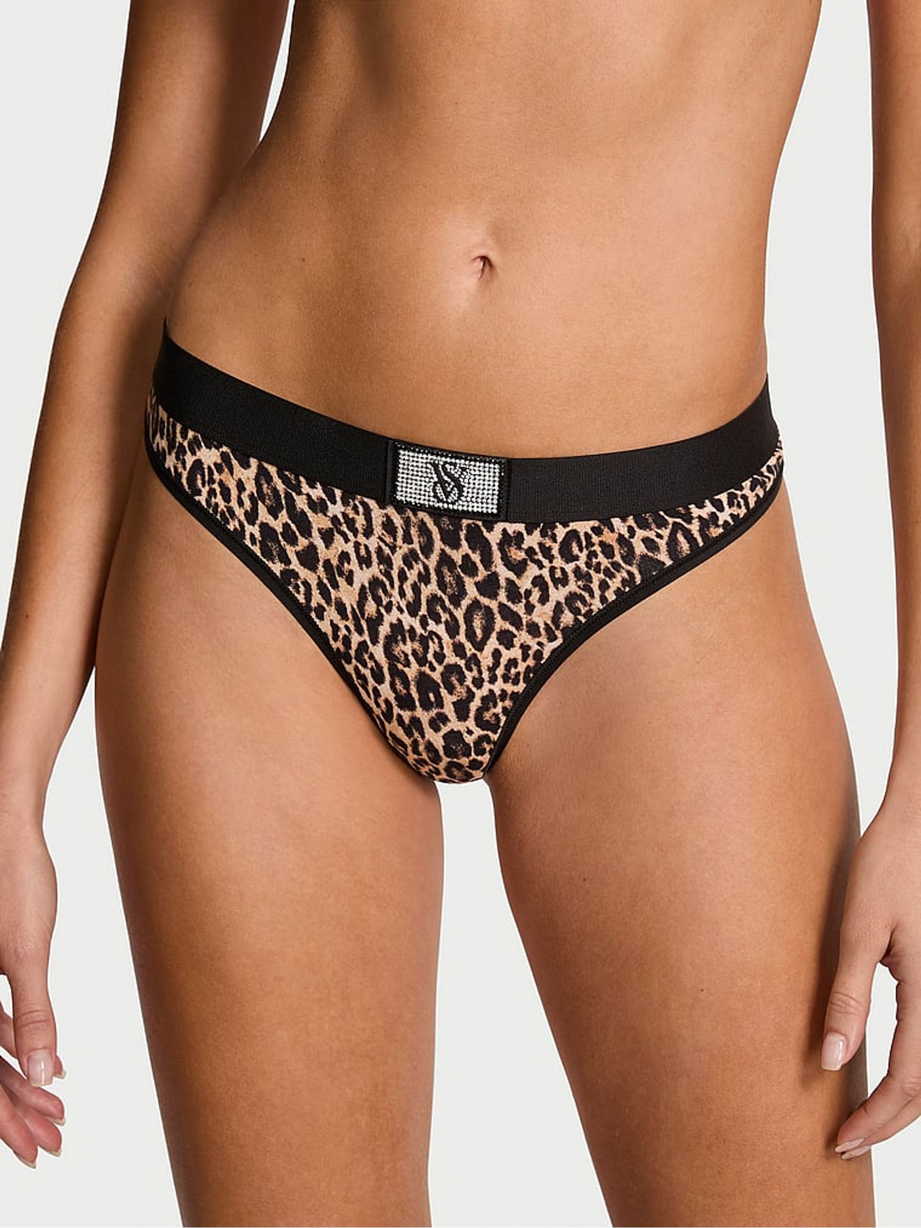 Natural Leopard Black Thong Logo Shine Patch Knickers - Image 1 of 2