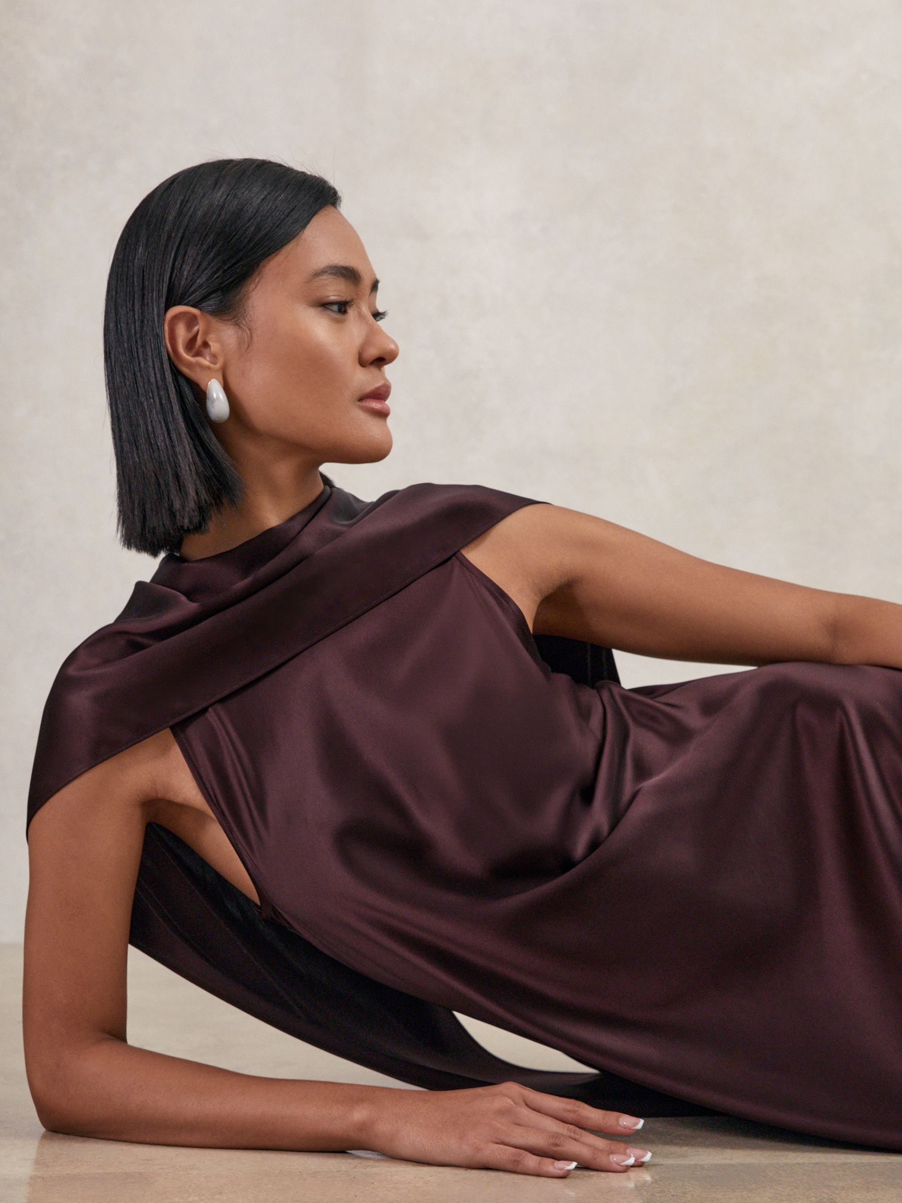 Petite Satin Cape Maxi Dress in Burgundy - Image 6 of 8