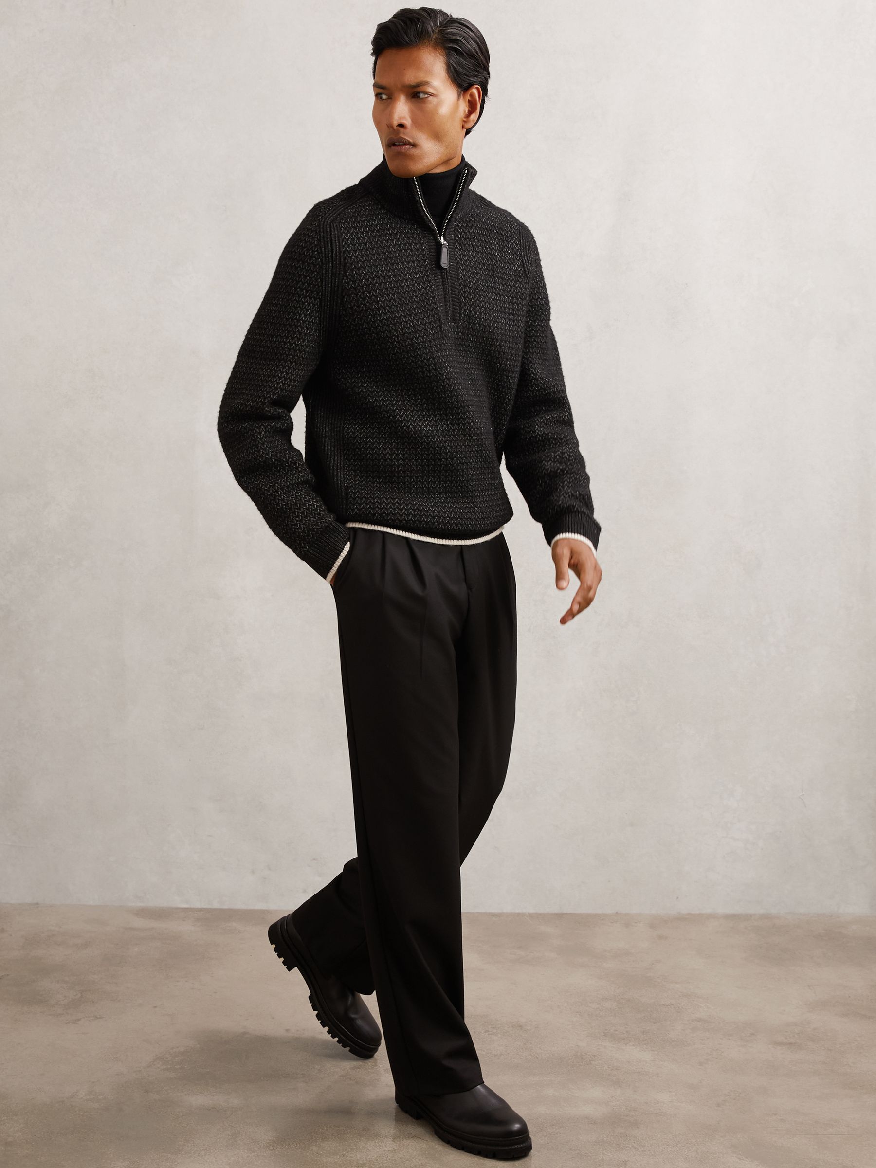 Half-Zip Chevron-Knit Jumper with Wool in Black - image 3