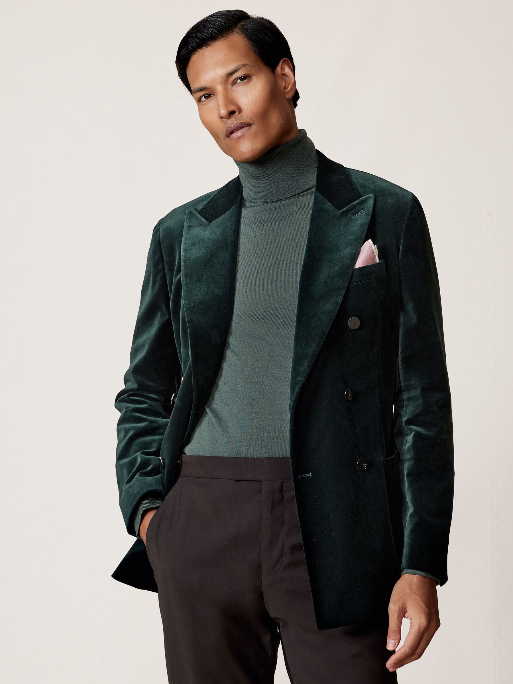 Double-Breasted Velvet Blazer Tailored-Fit in Emerald Green - Image 1 of 10