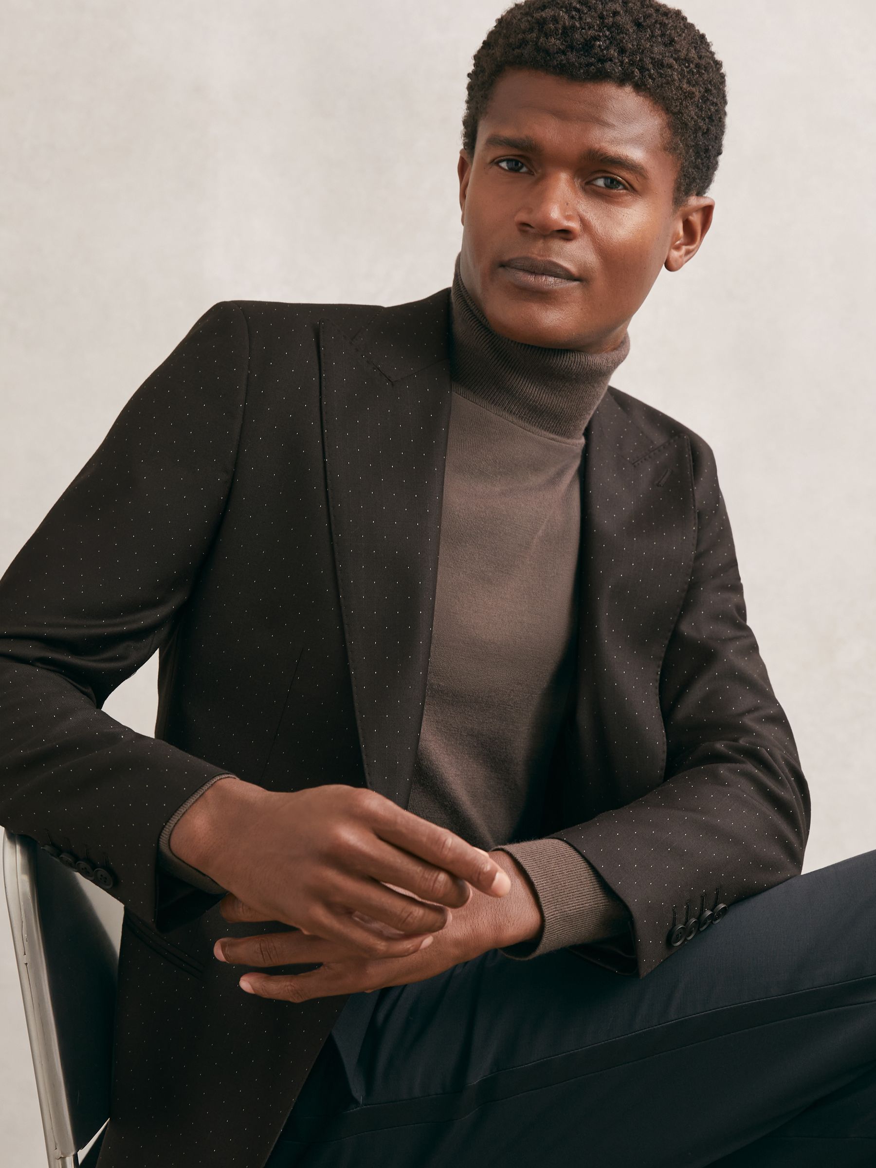 Single-Breasted Polka-Dot Blazer Classic-Fit Wool-Blend in Brown - Image 5 of 11