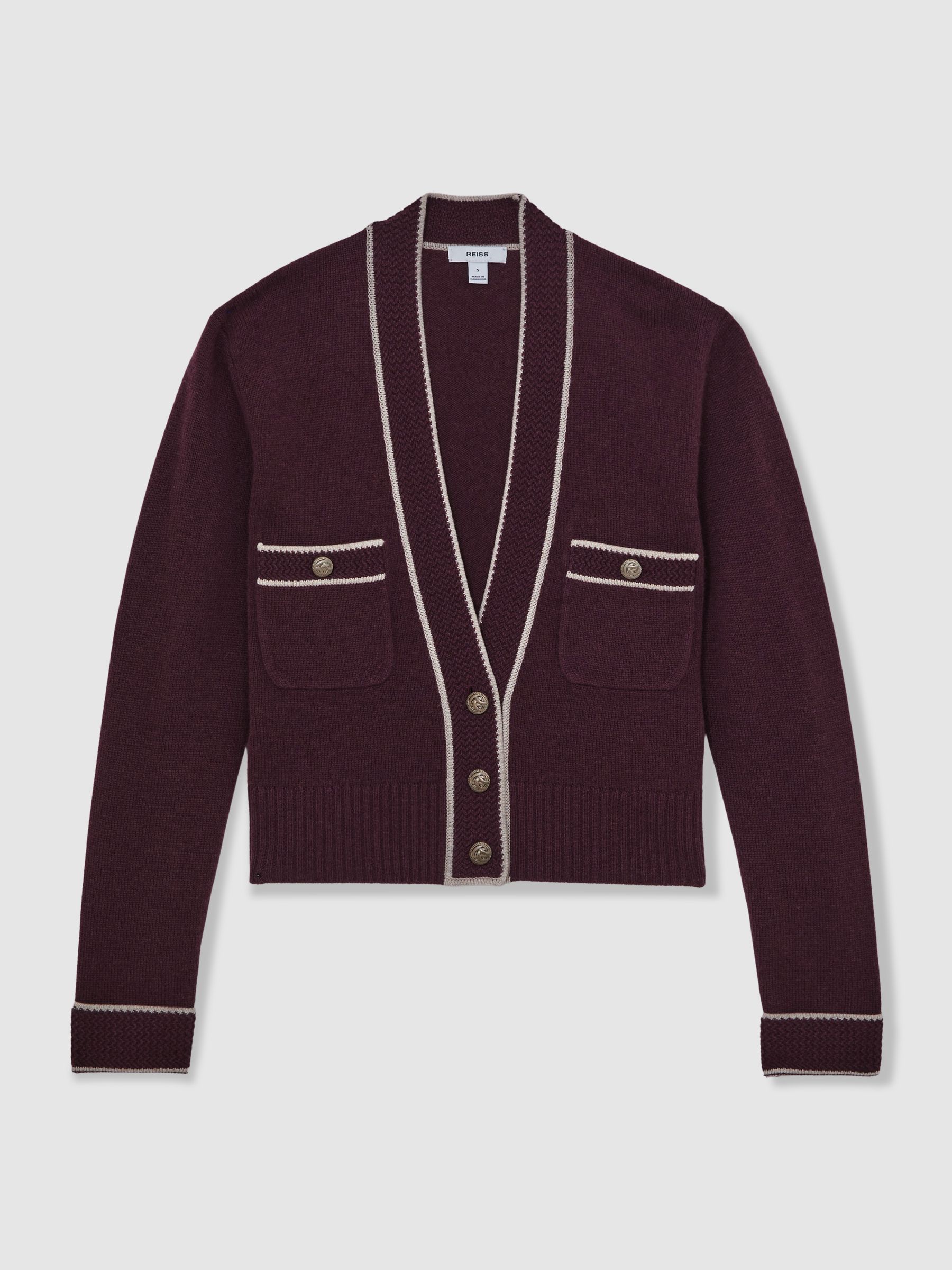 Wool-Cashmere Tipped V-Neck Cardigan in Burgundy/Neutral - Image 2 of 5