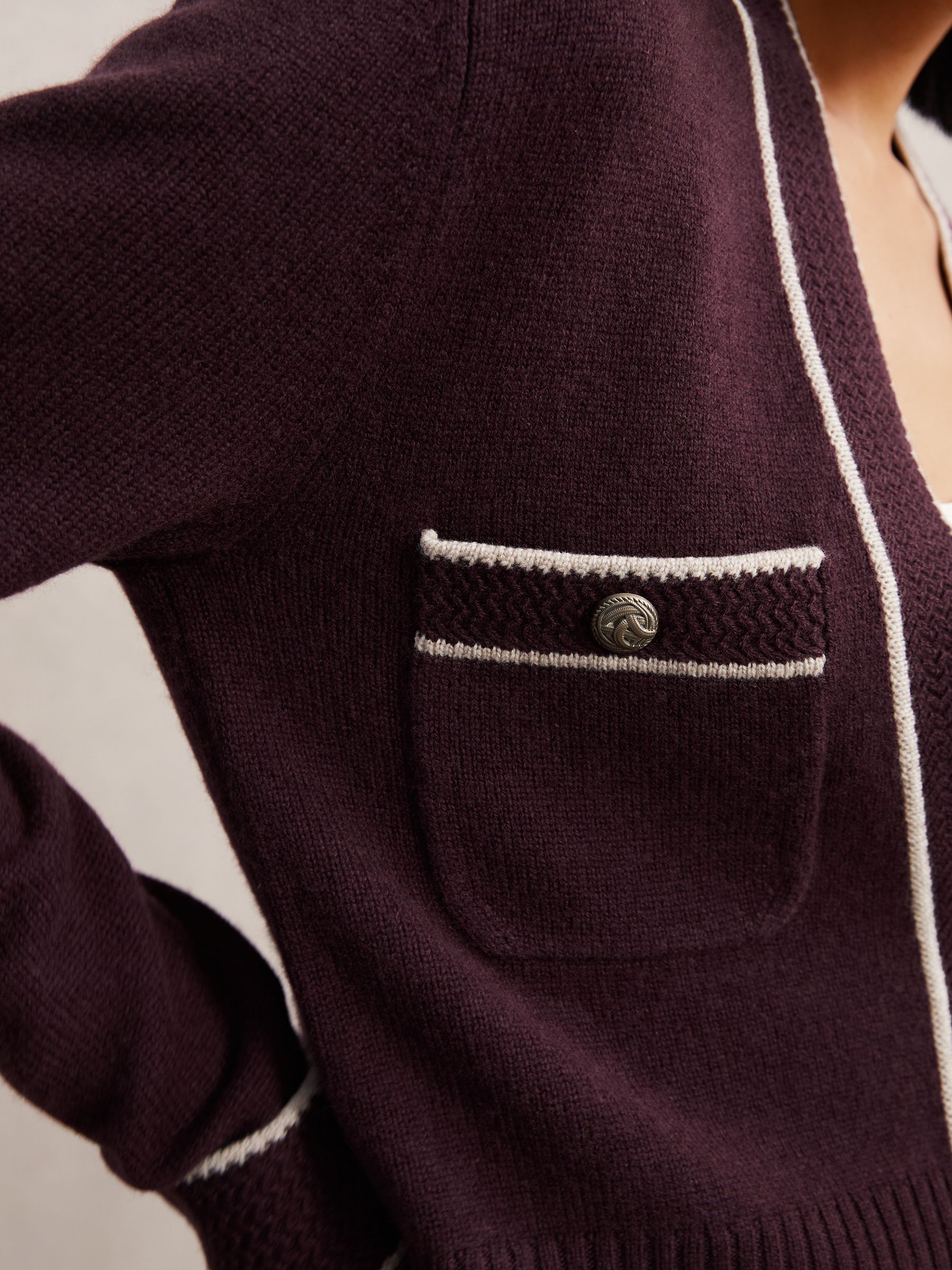 Wool-Cashmere Tipped V-Neck Cardigan in Burgundy/Neutral - Image 3 of 5