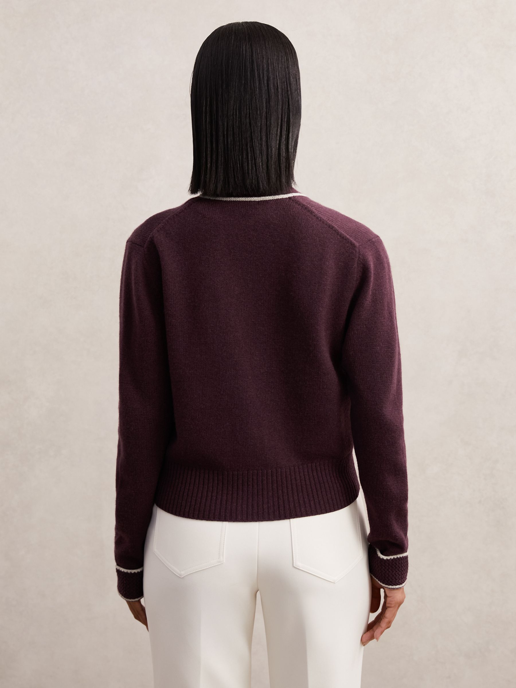 Wool-Cashmere Tipped V-Neck Cardigan in Burgundy/Neutral - image 4