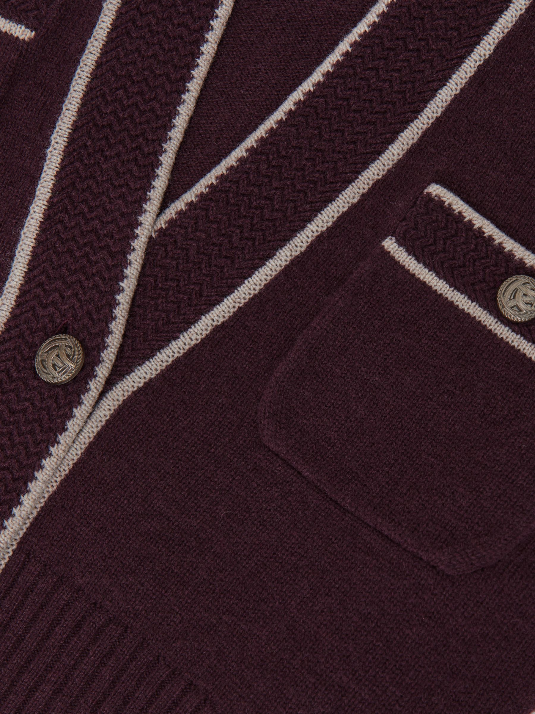 Wool-Cashmere Tipped V-Neck Cardigan in Burgundy/Neutral - Image 5 of 5
