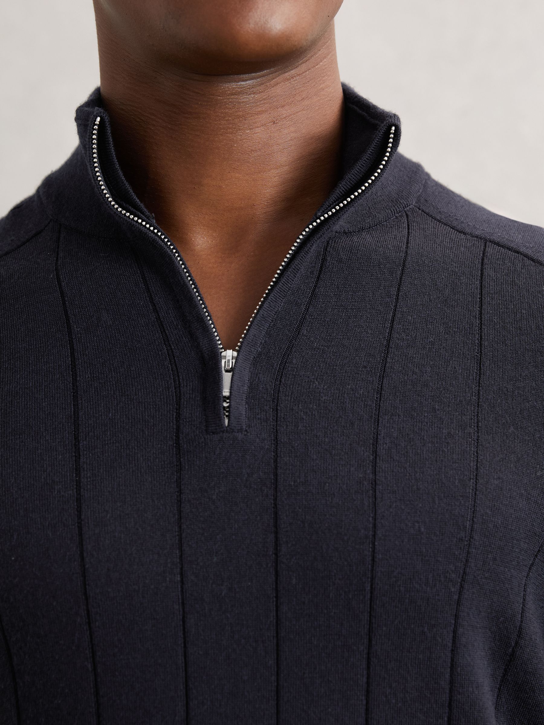 Reiss Merino Wool Wide-Rib Half-Zip Jumper in Navy | REISS