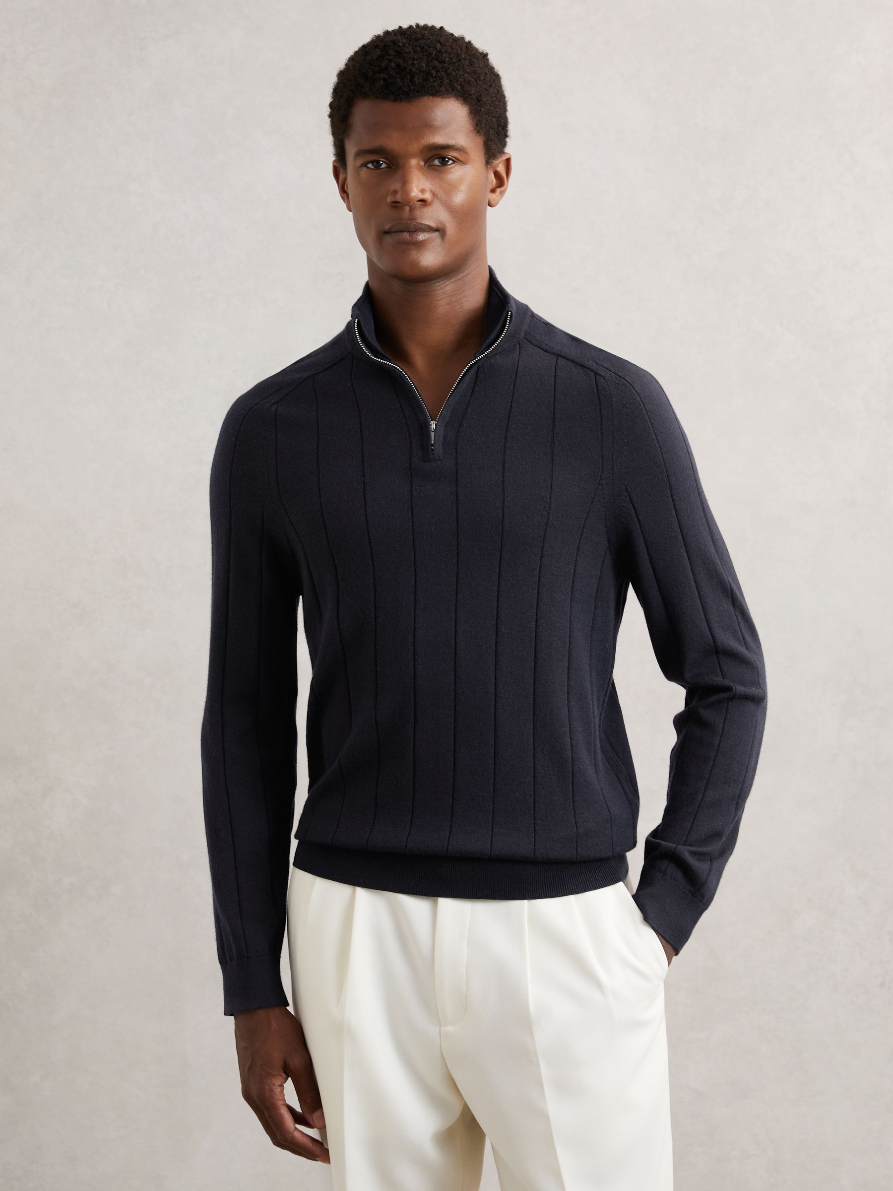 Merino Wool Wide-Rib Half-Zip Jumper in Navy - Image 4 of 6