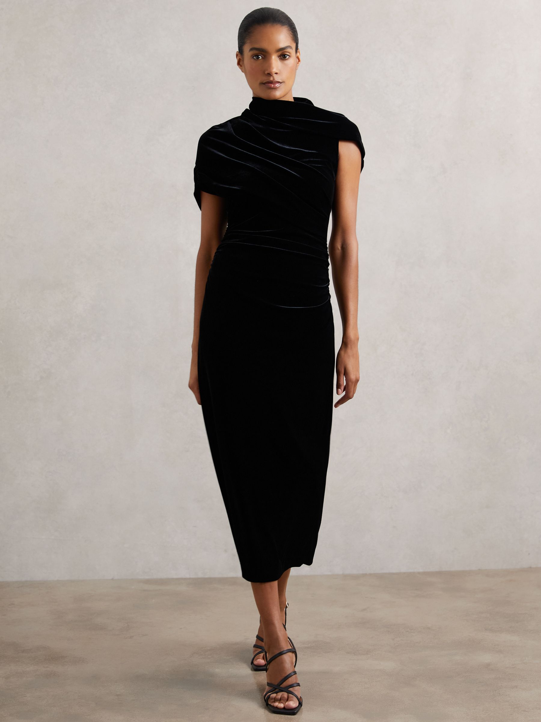 Velvet Draped-Neck Ruched Midi Dress in Black - Image 1 of 7