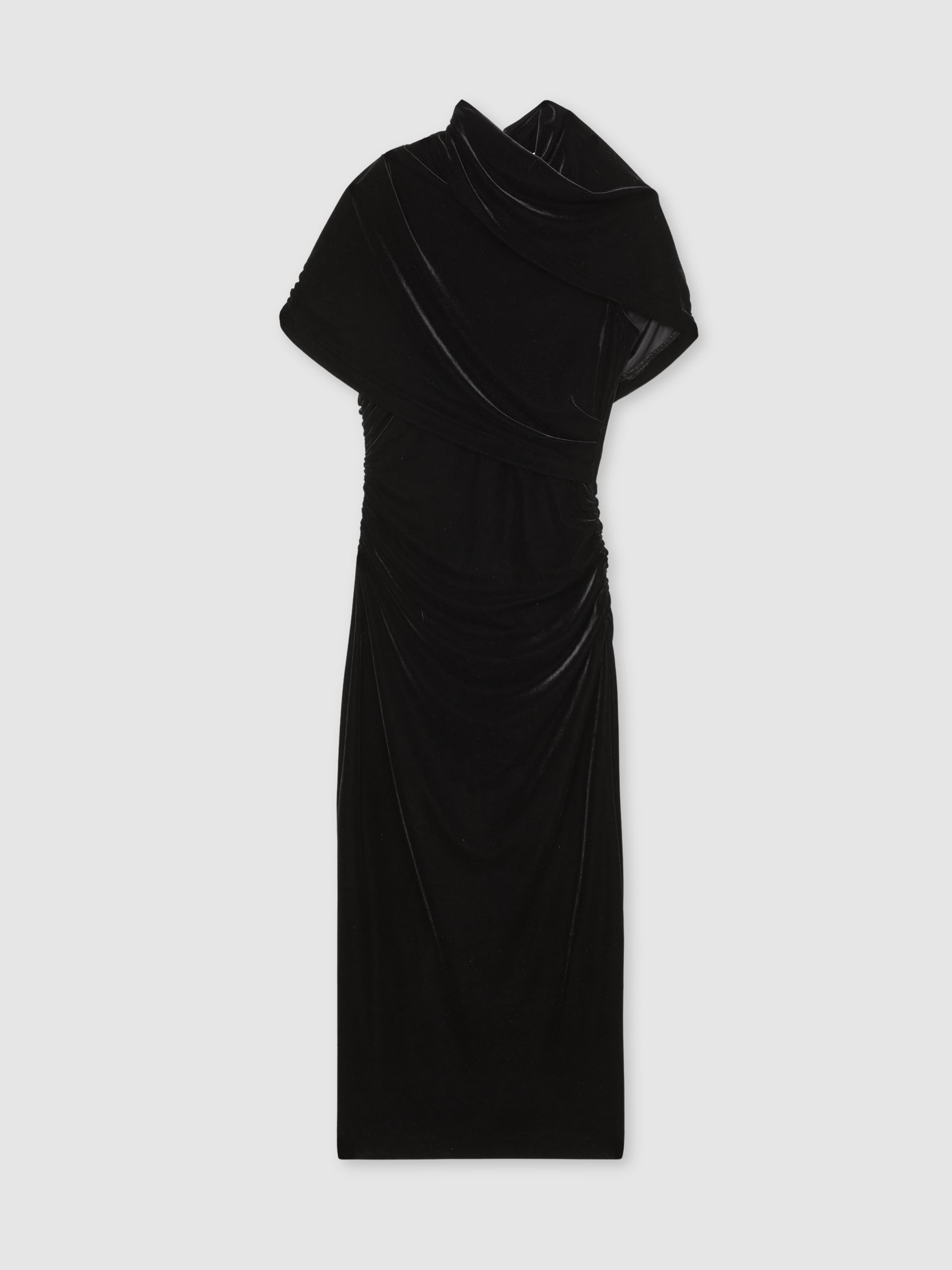 Velvet Draped-Neck Ruched Midi Dress in Black - Image 2 of 7