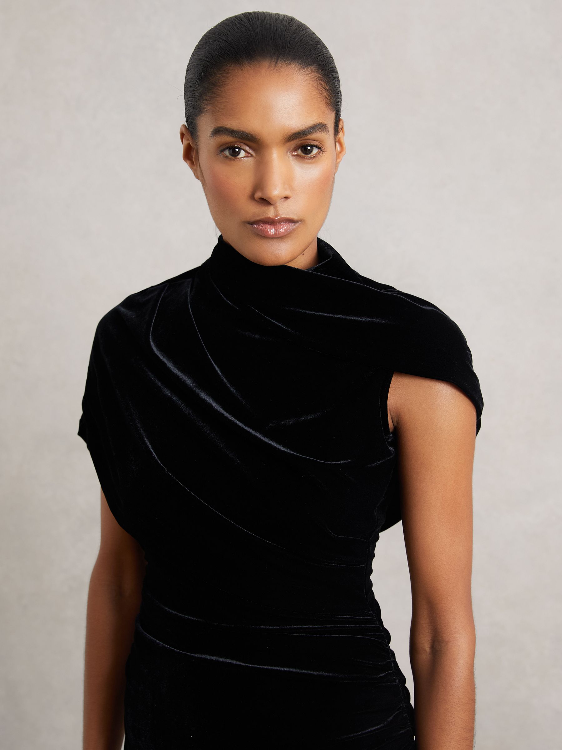 Velvet Draped-Neck Ruched Midi Dress in Black - Image 3 of 7