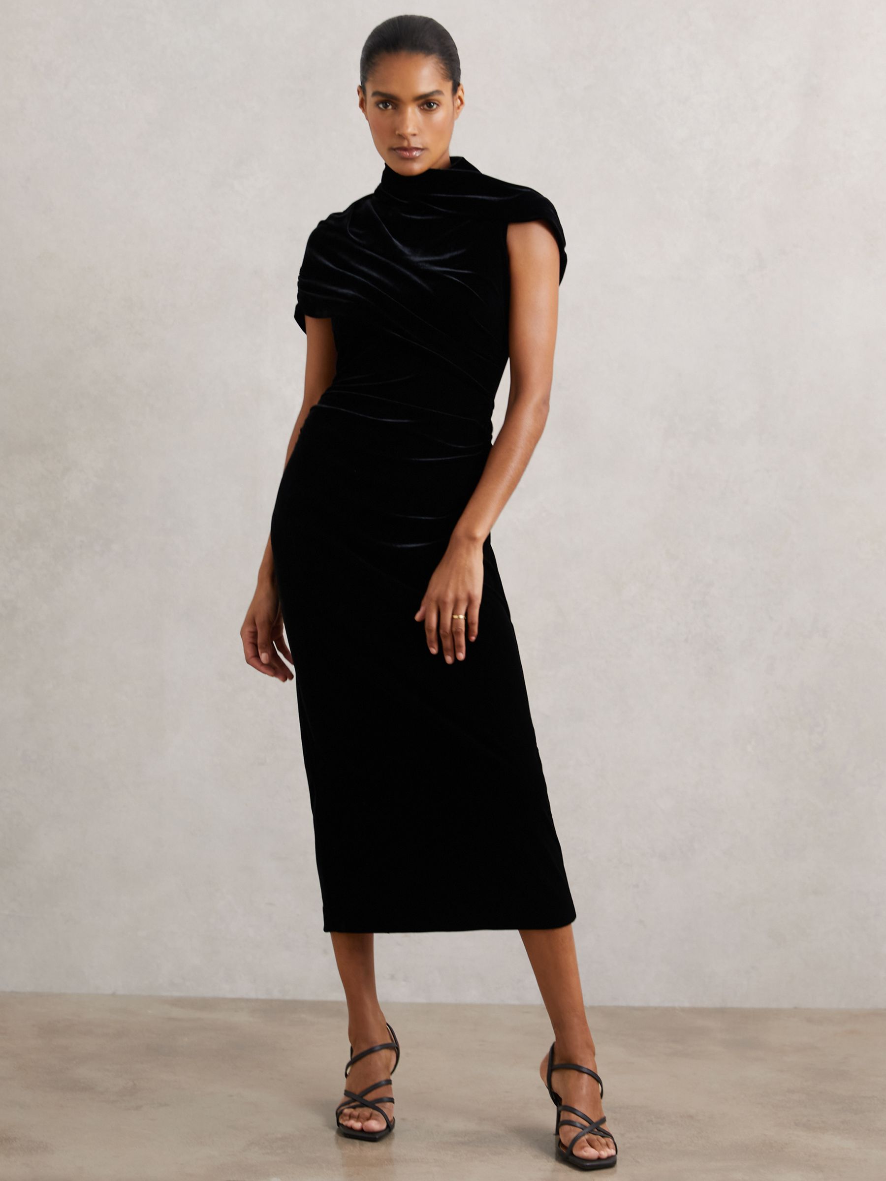 Velvet Draped-Neck Ruched Midi Dress in Black - Image 5 of 7