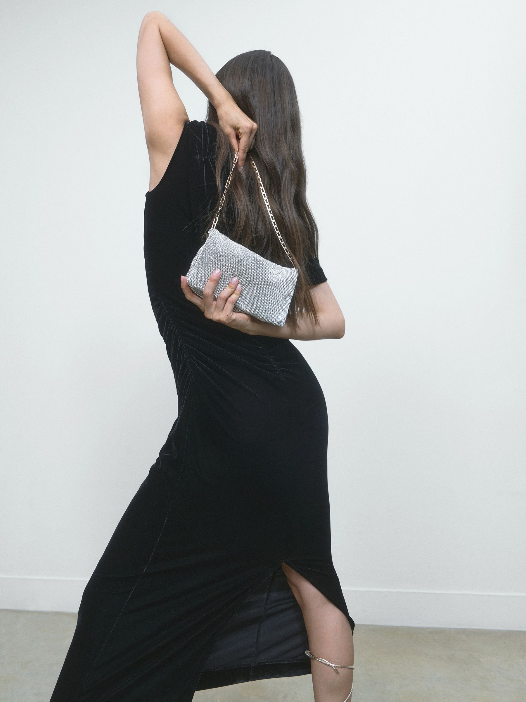 Velvet Draped-Neck Ruched Midi Dress in Black - image 5