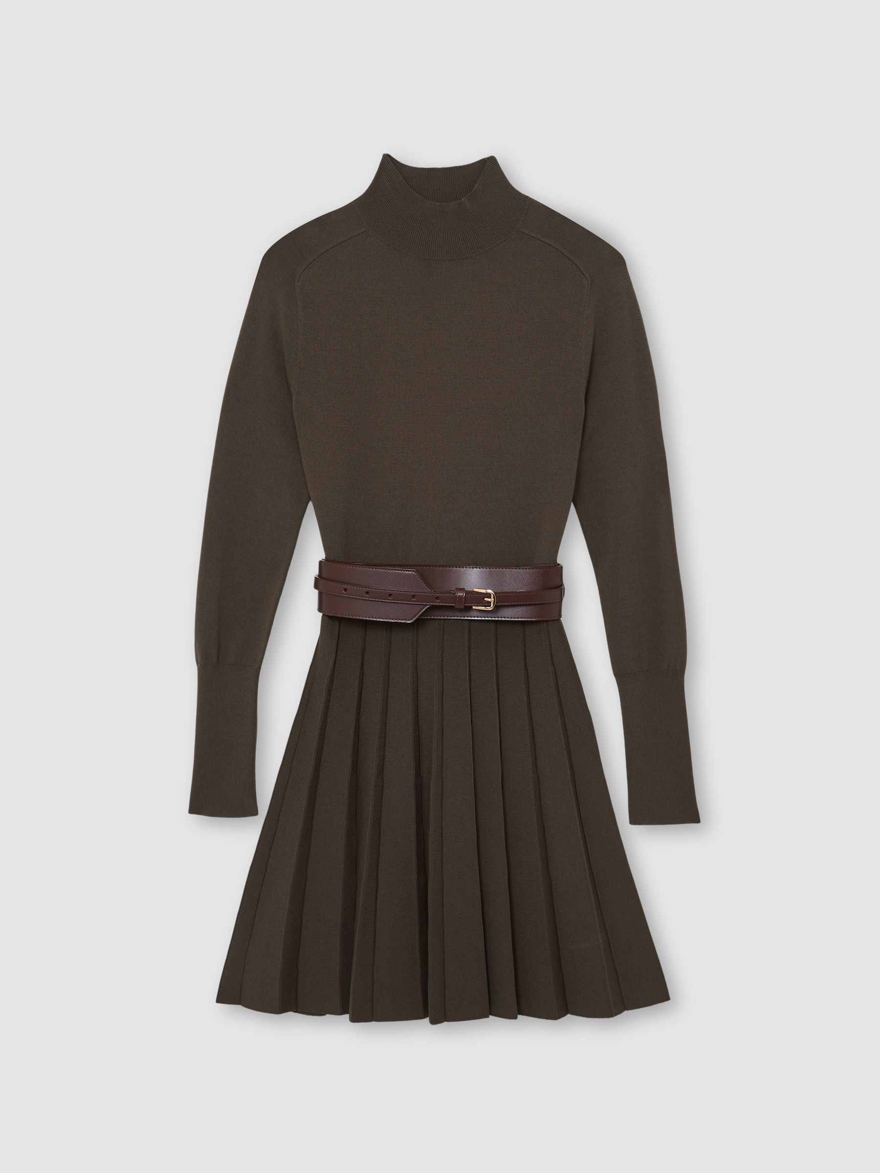 Knitted Belted Skater Mini Dress in Mocha Brown - image 1