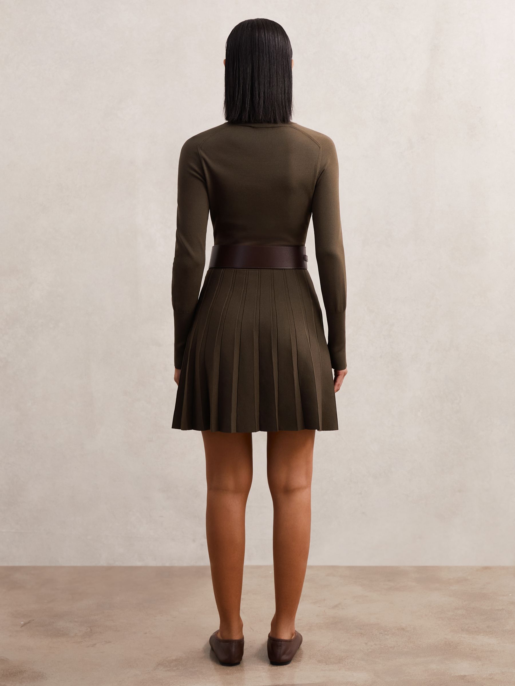 Knitted Belted Skater Mini Dress in Mocha Brown - image 4