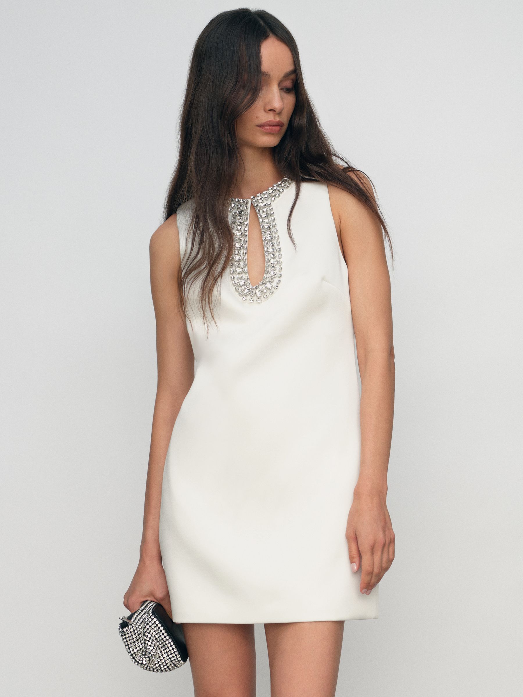 Satin Crystal-Embellished Mini Dress in Ivory - Image 1 of 6