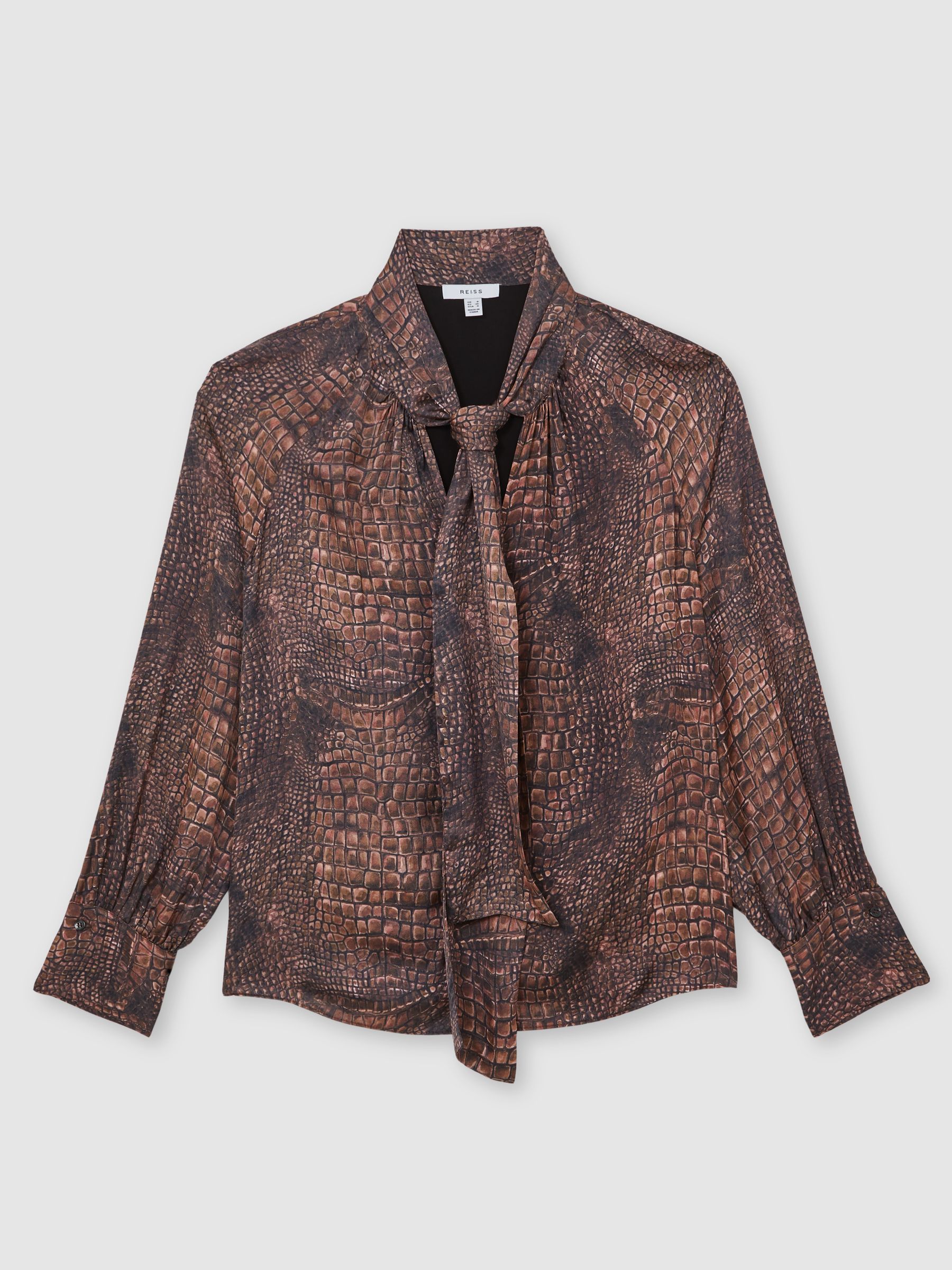 Crocodile-Print Tie-Neck Blouse in Brown - Image 2 of 7