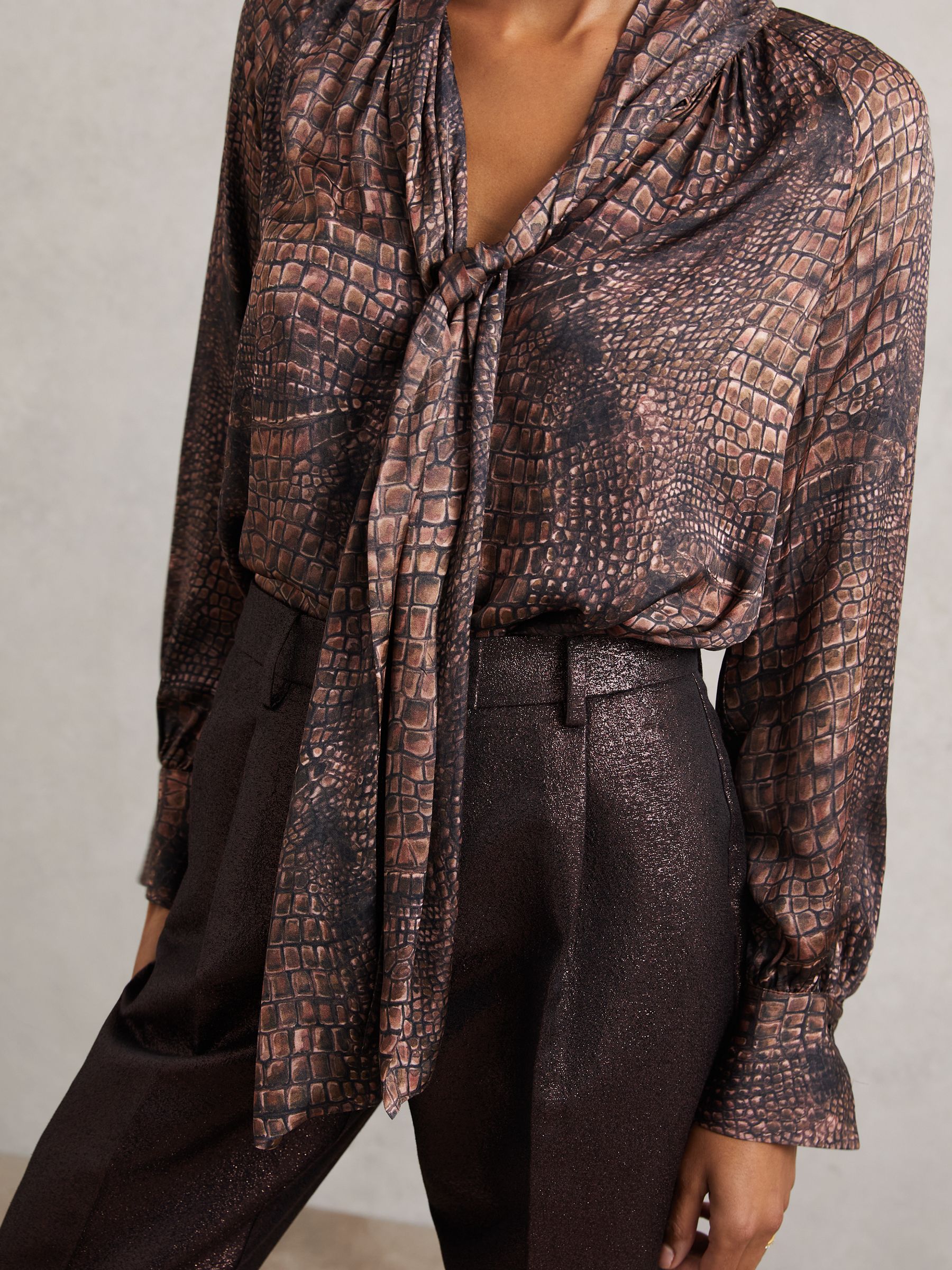 Crocodile-Print Tie-Neck Blouse in Brown - Image 3 of 7