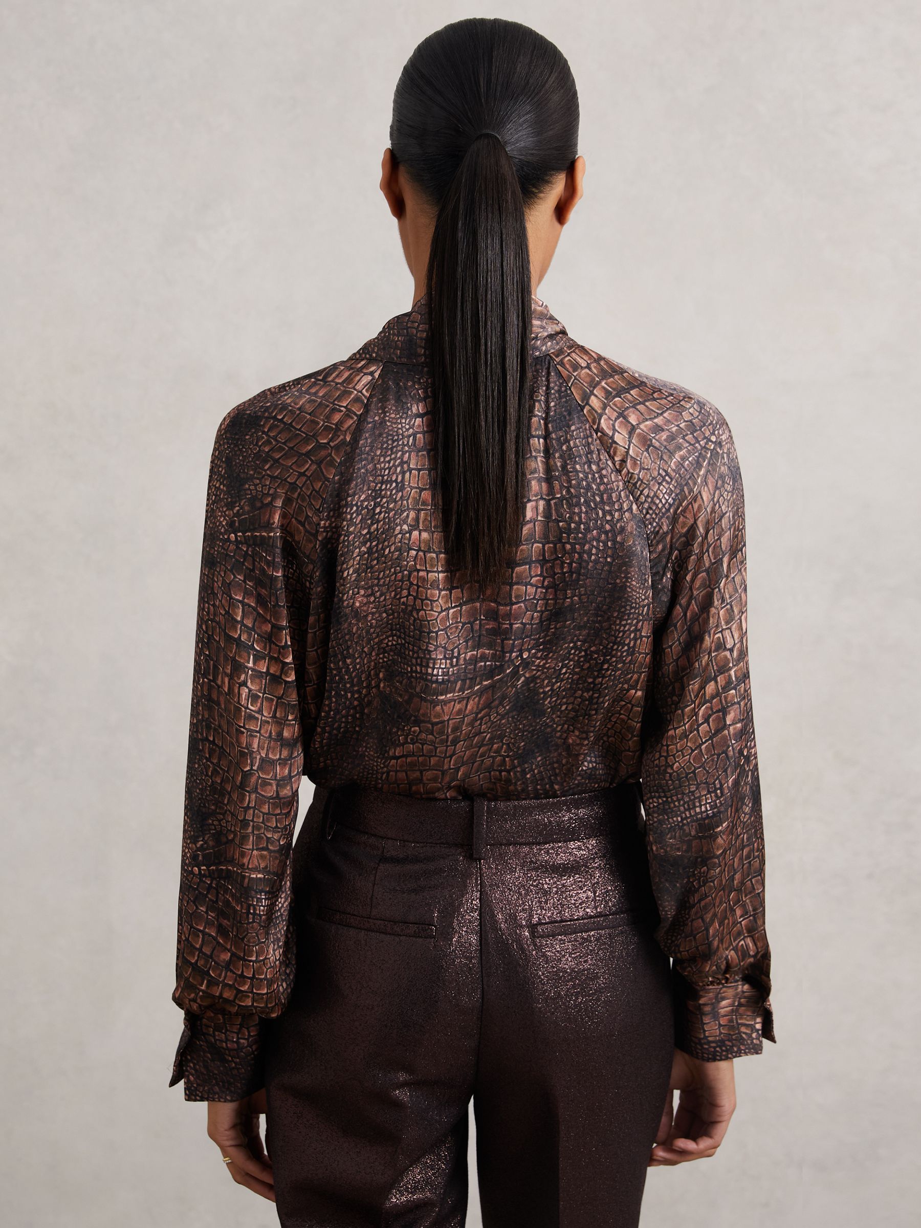 Crocodile-Print Tie-Neck Blouse in Brown - image 5