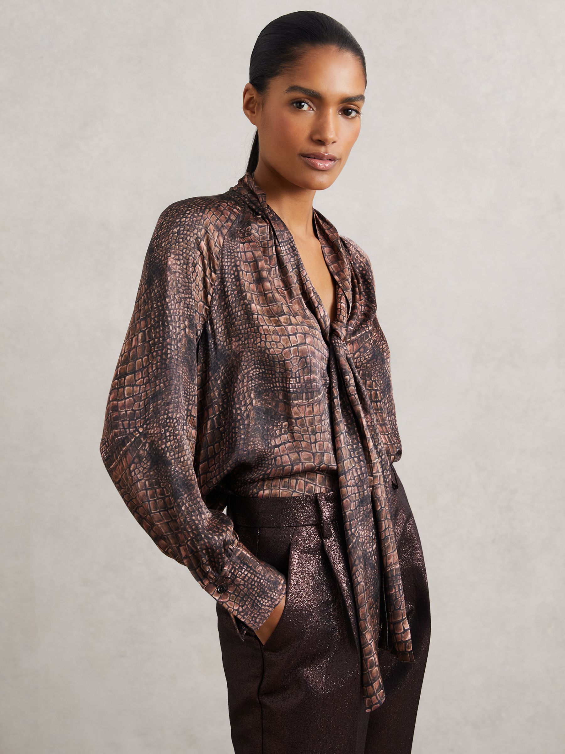 Crocodile-Print Tie-Neck Blouse in Brown - Image 6 of 7