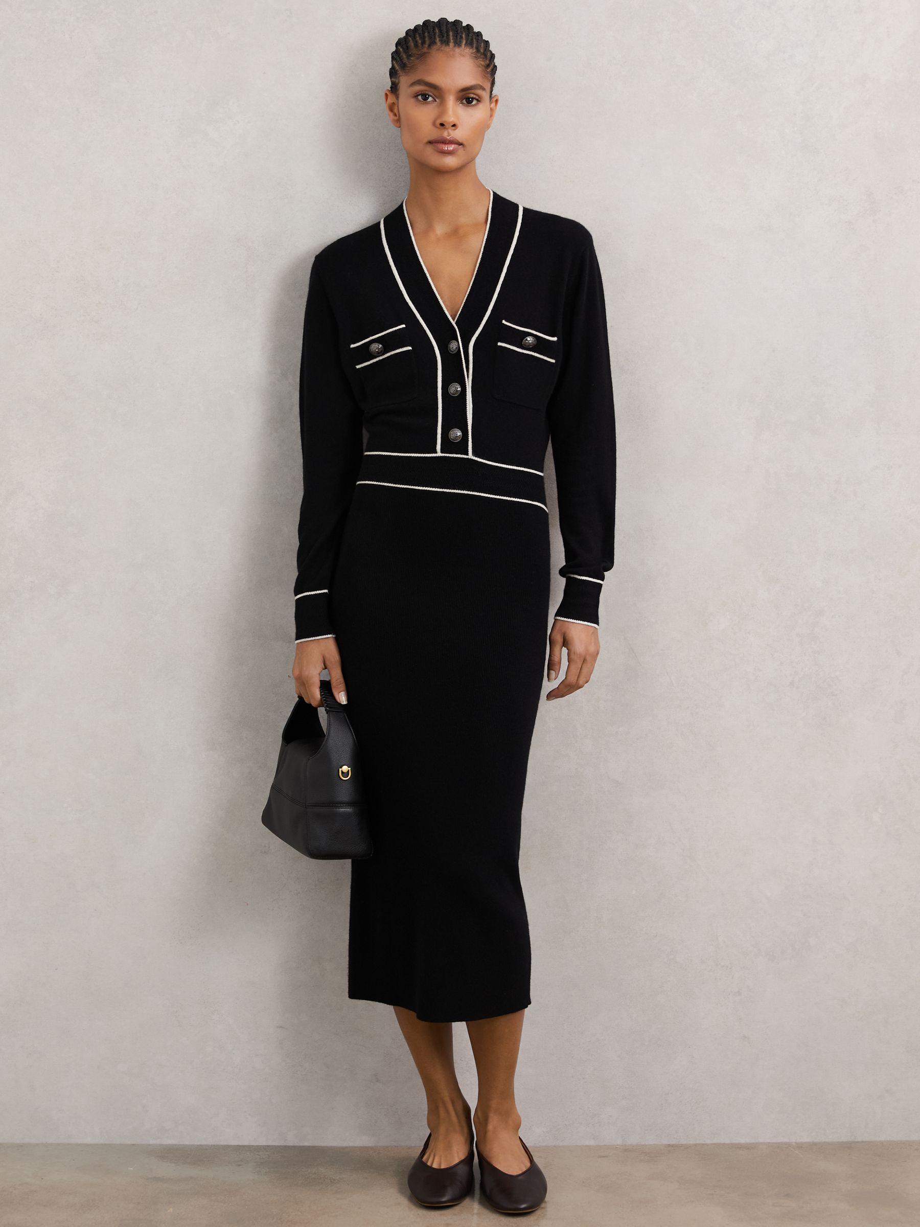 Petite Wool-Blend Tipped Dress With Cashmere in Black/Ivory - Image 1 of 7 Petite Wool-Blend Tipped Dress With Cashmere in Black/Ivory - Image 1 of 7
