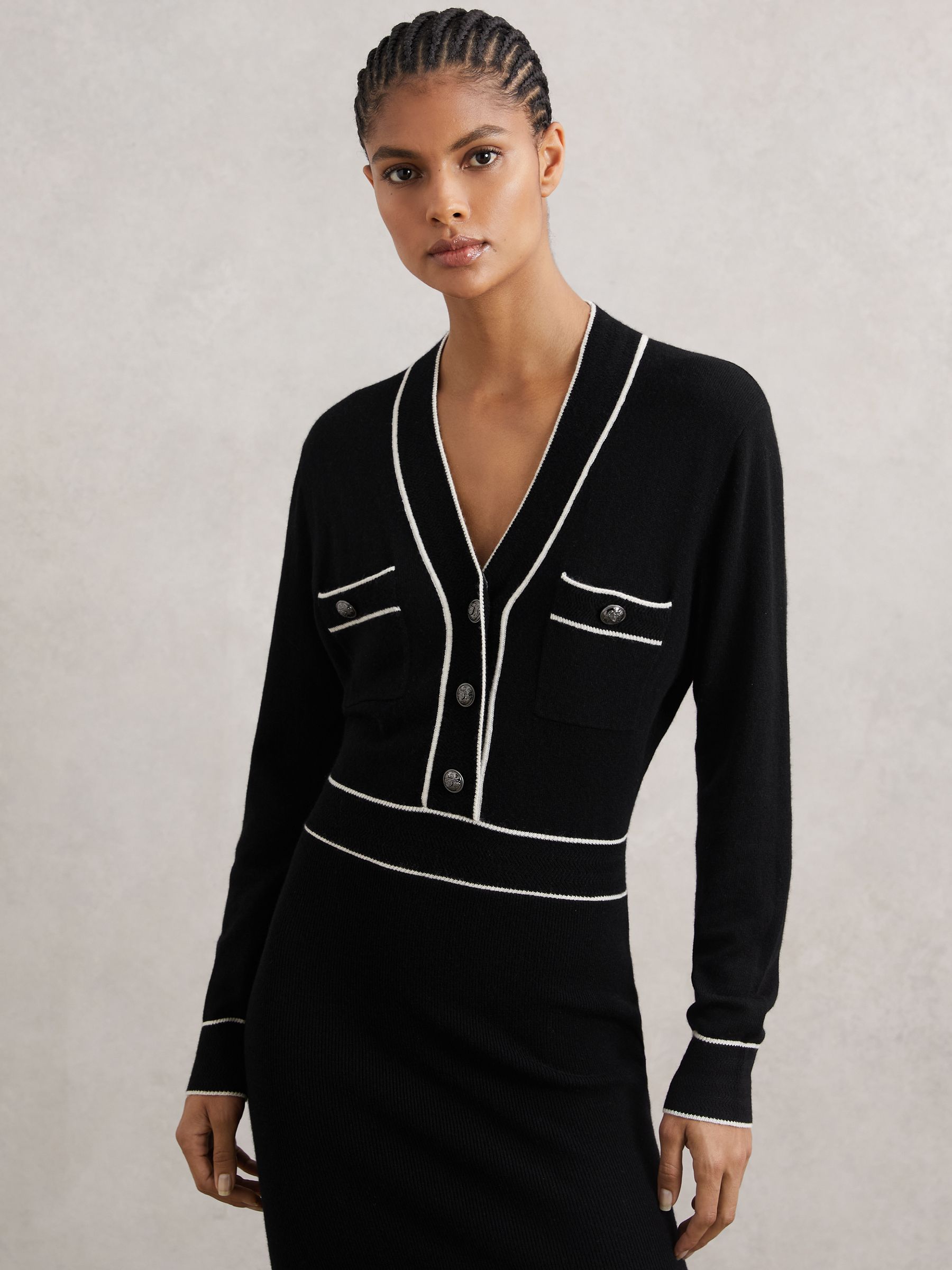 Petite Wool-Blend Tipped Dress With Cashmere in Black/Ivory - Image 3 of 7