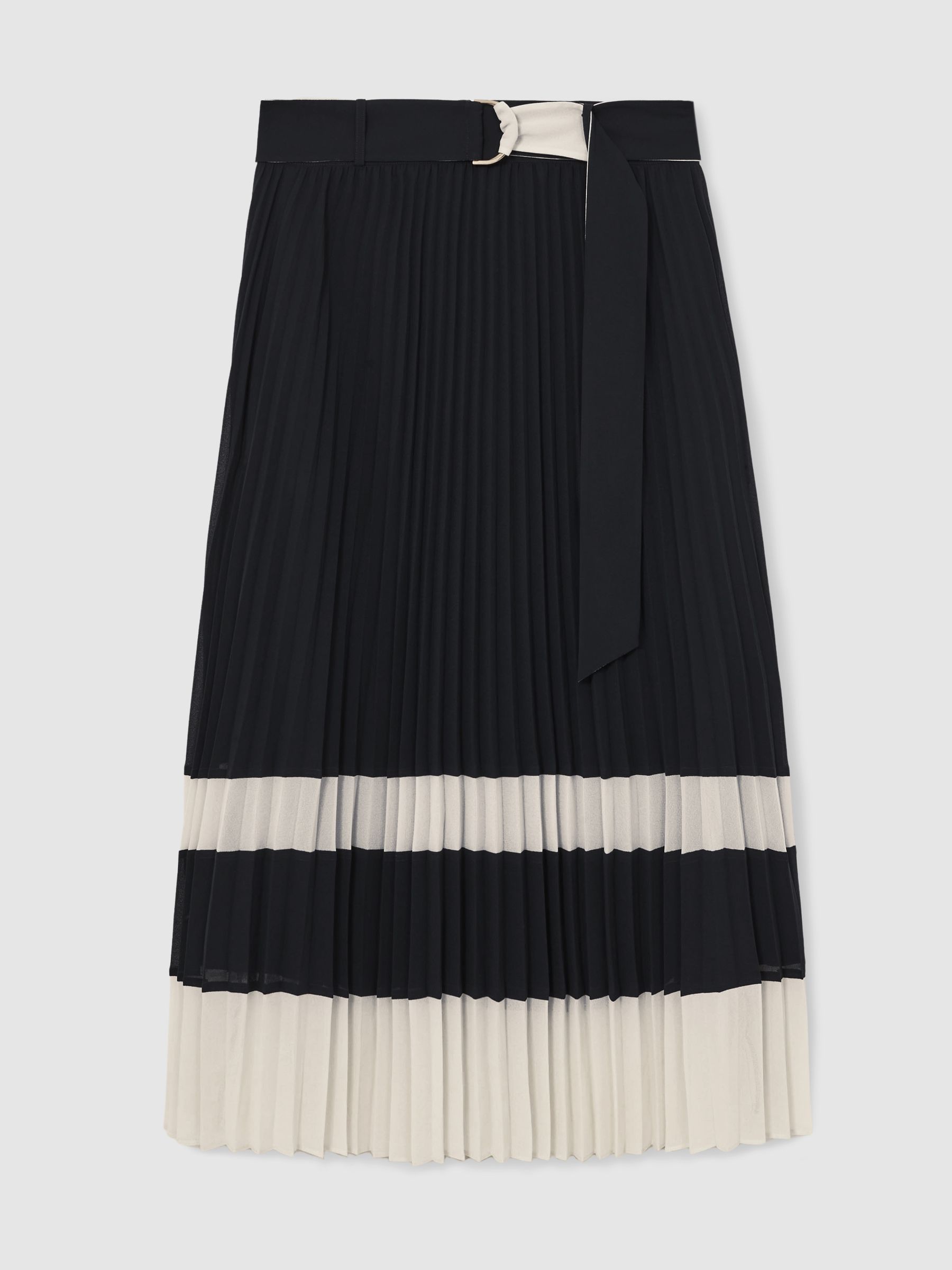 Belted Pleated Midi Skirt in Navy/Ivory - Image 2 of 8