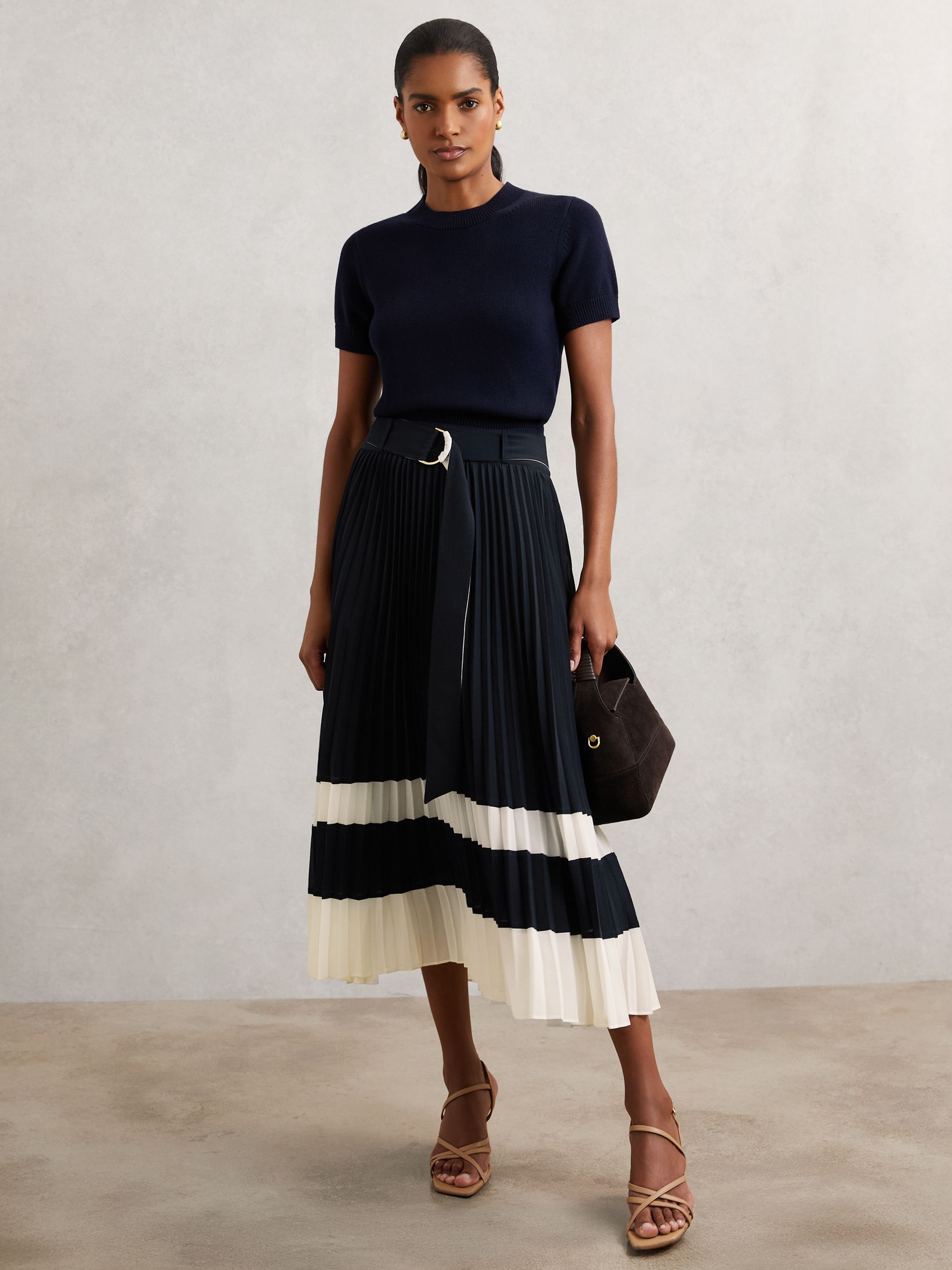 Belted Pleated Midi Skirt in Navy/Ivory - Image 3 of 8
