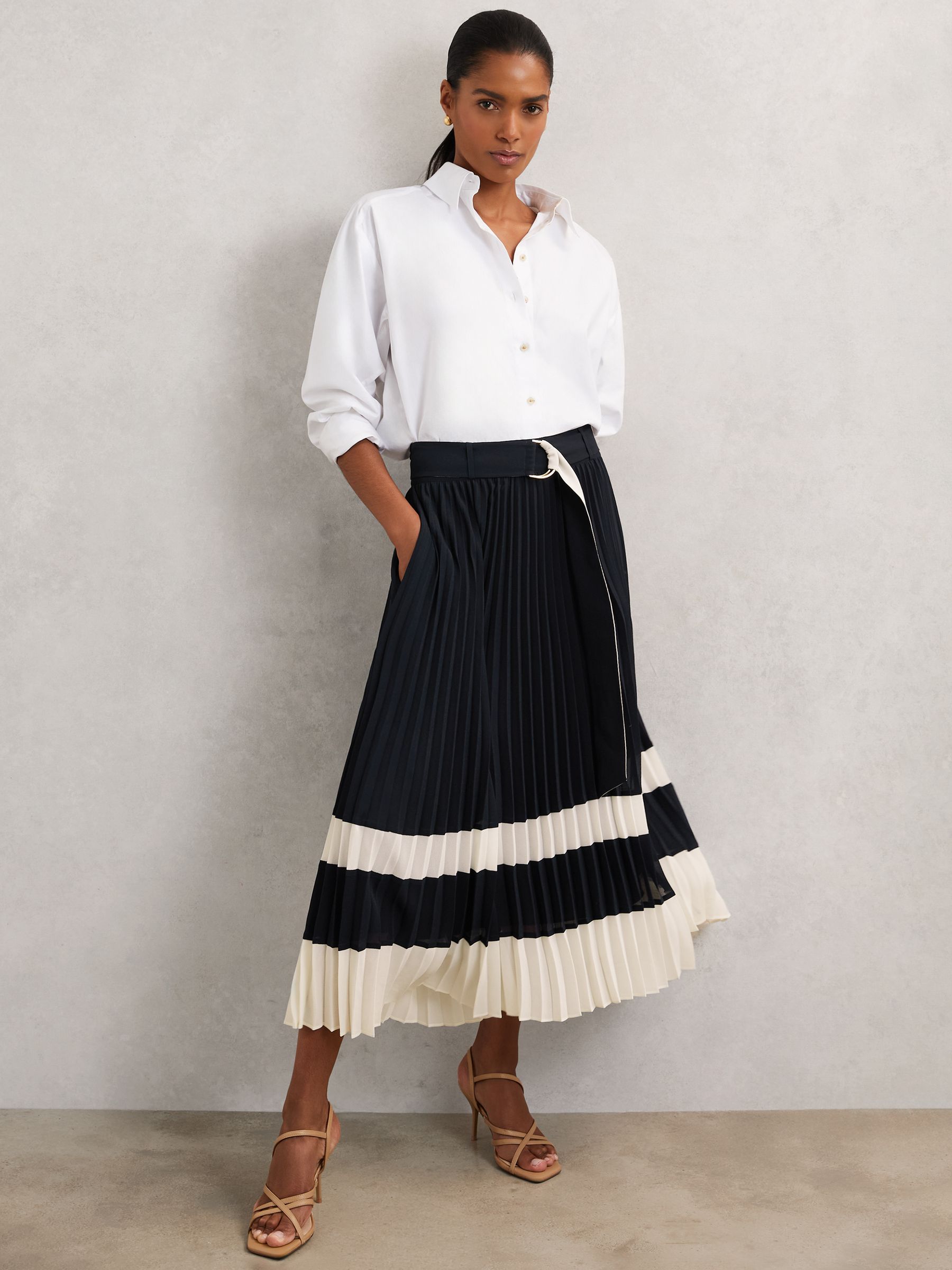 Belted Pleated Midi Skirt in Navy/Ivory - Image 4 of 8
