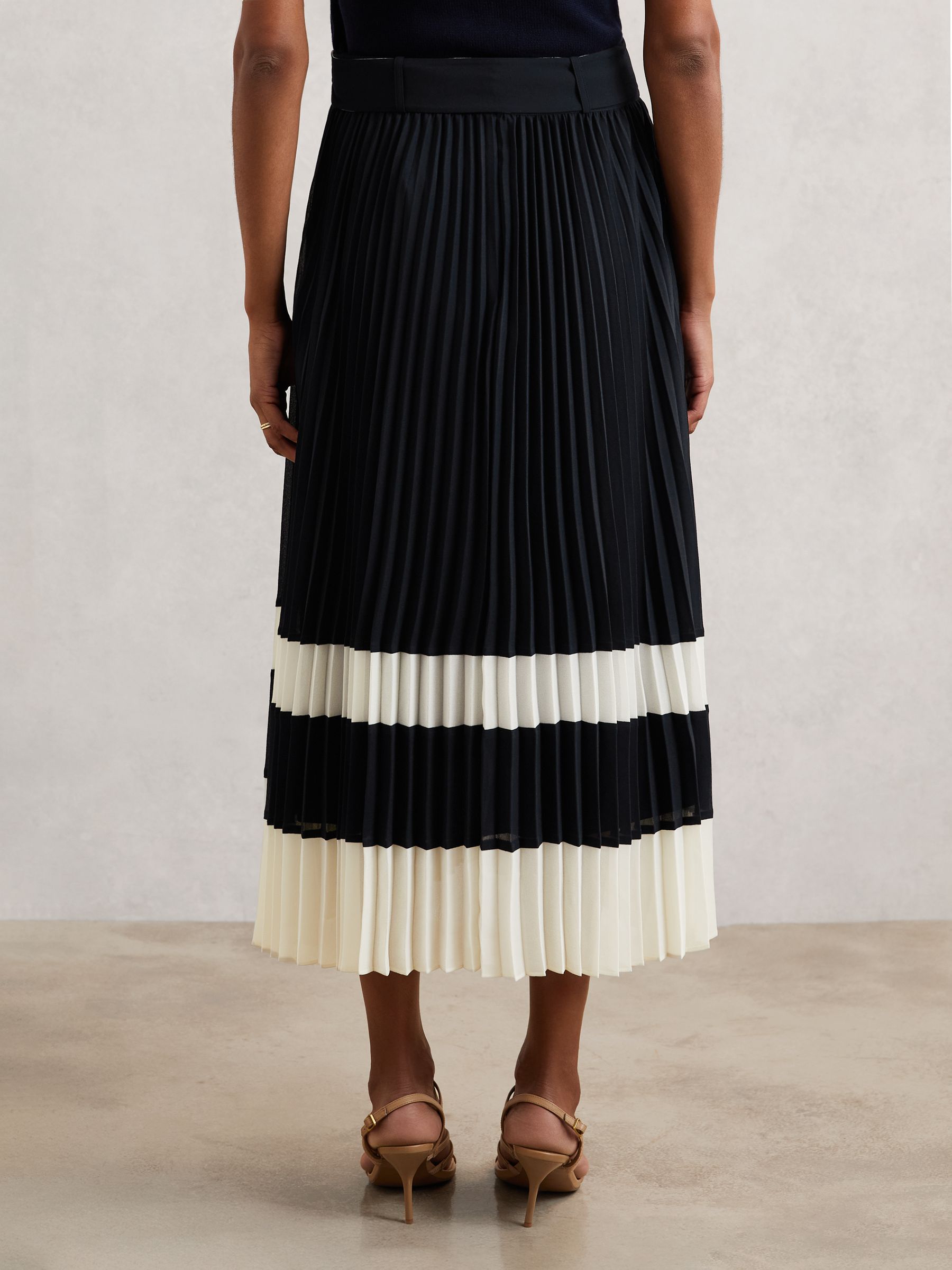 Reiss Belted Pleated Midi Skirt in Navy/Ivory | REISS