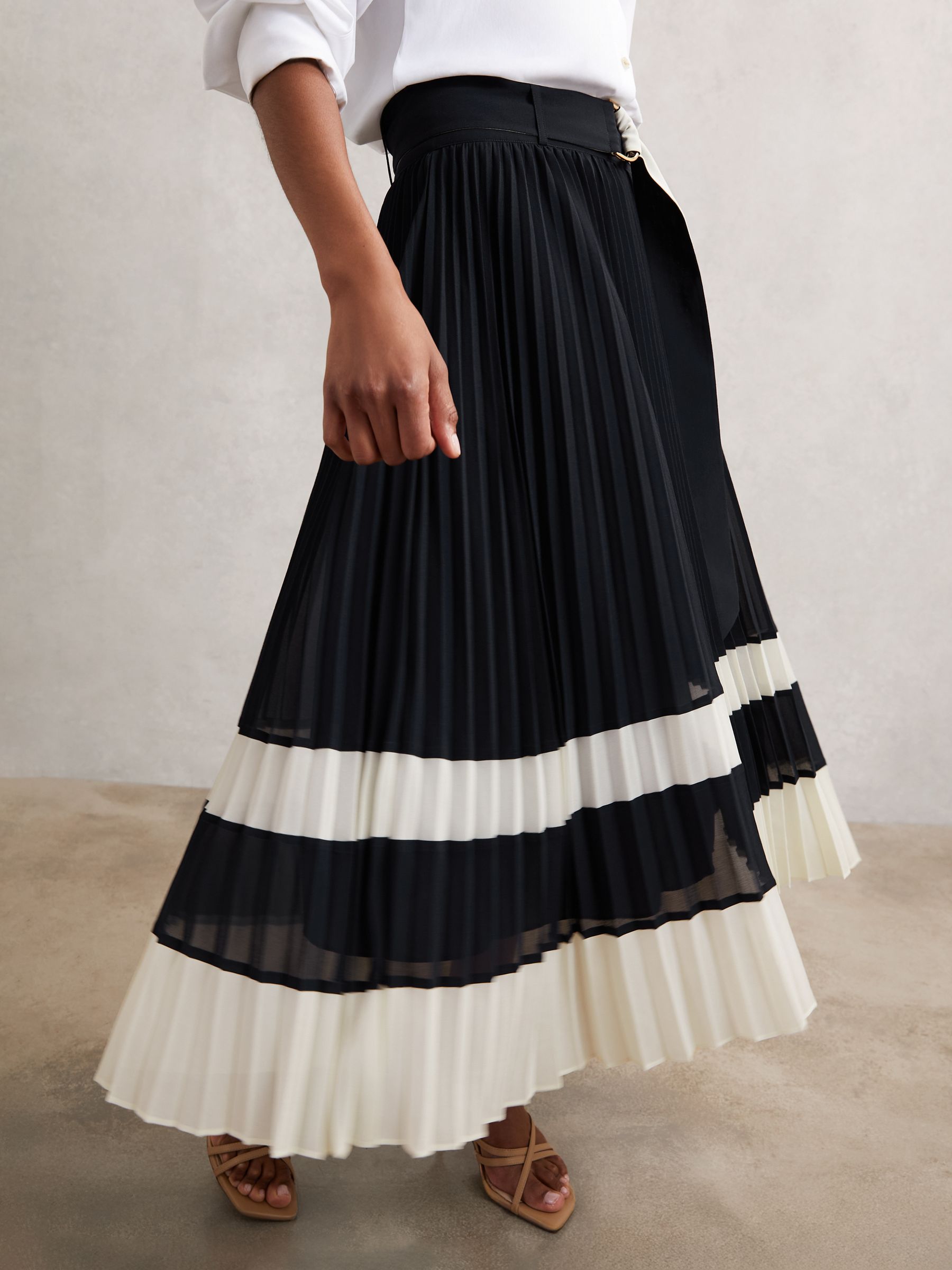 Belted Pleated Midi Skirt in Navy/Ivory - Image 6 of 8