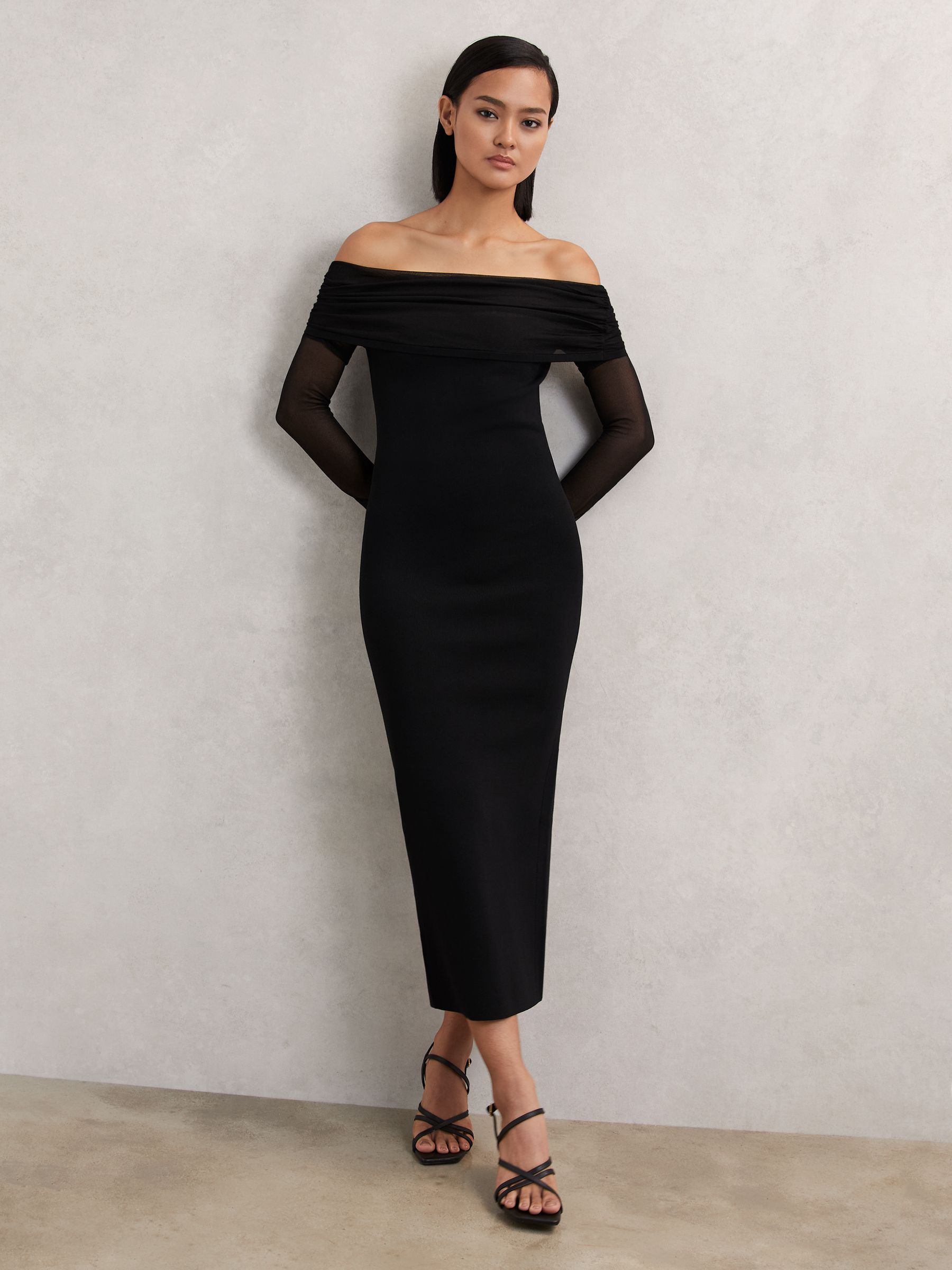 Sheer-Sleeve Knit Midi Dress in Black - Image 3 of 6
