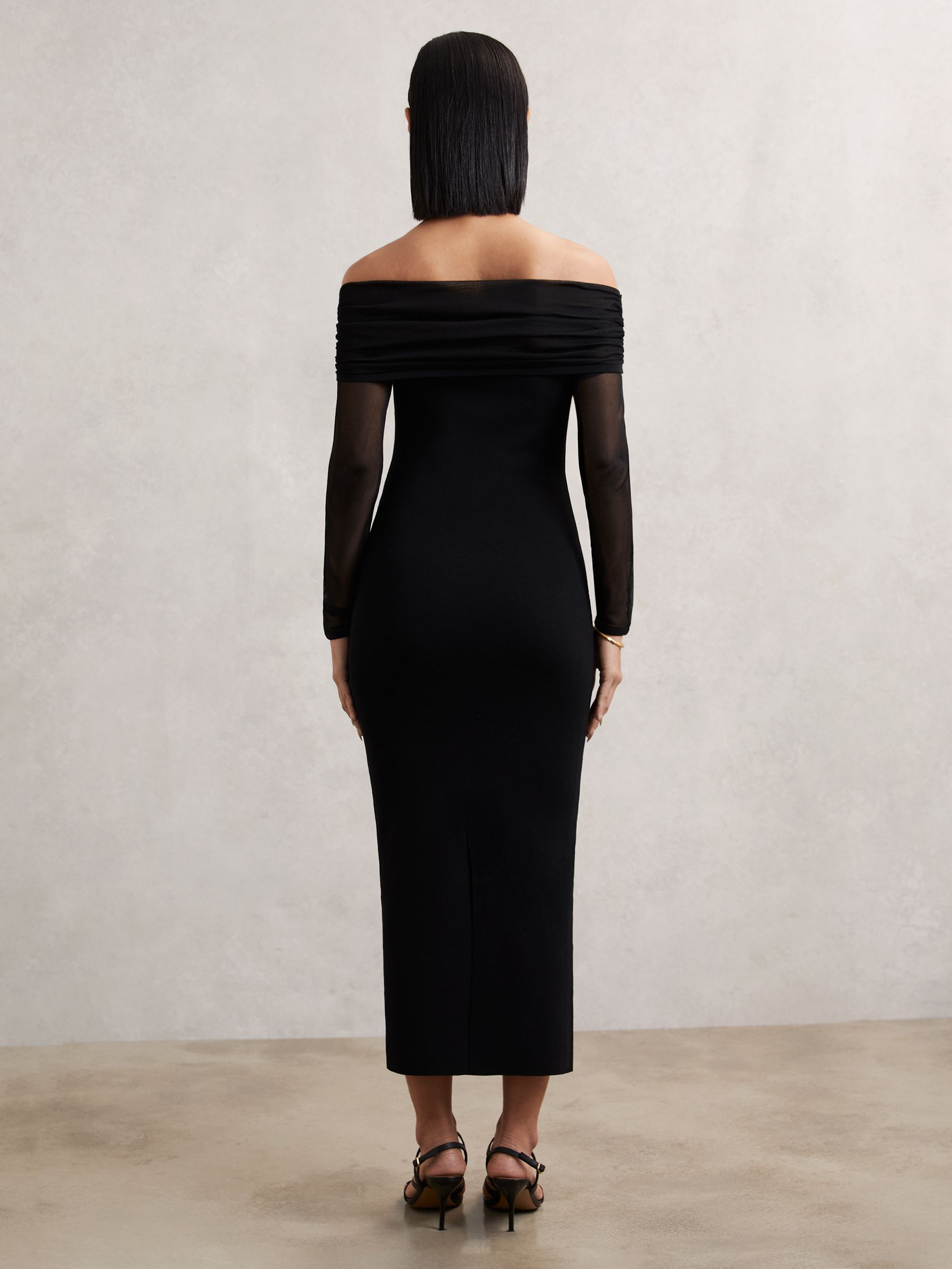 Sheer-Sleeve Knit Midi Dress in Black - image 4