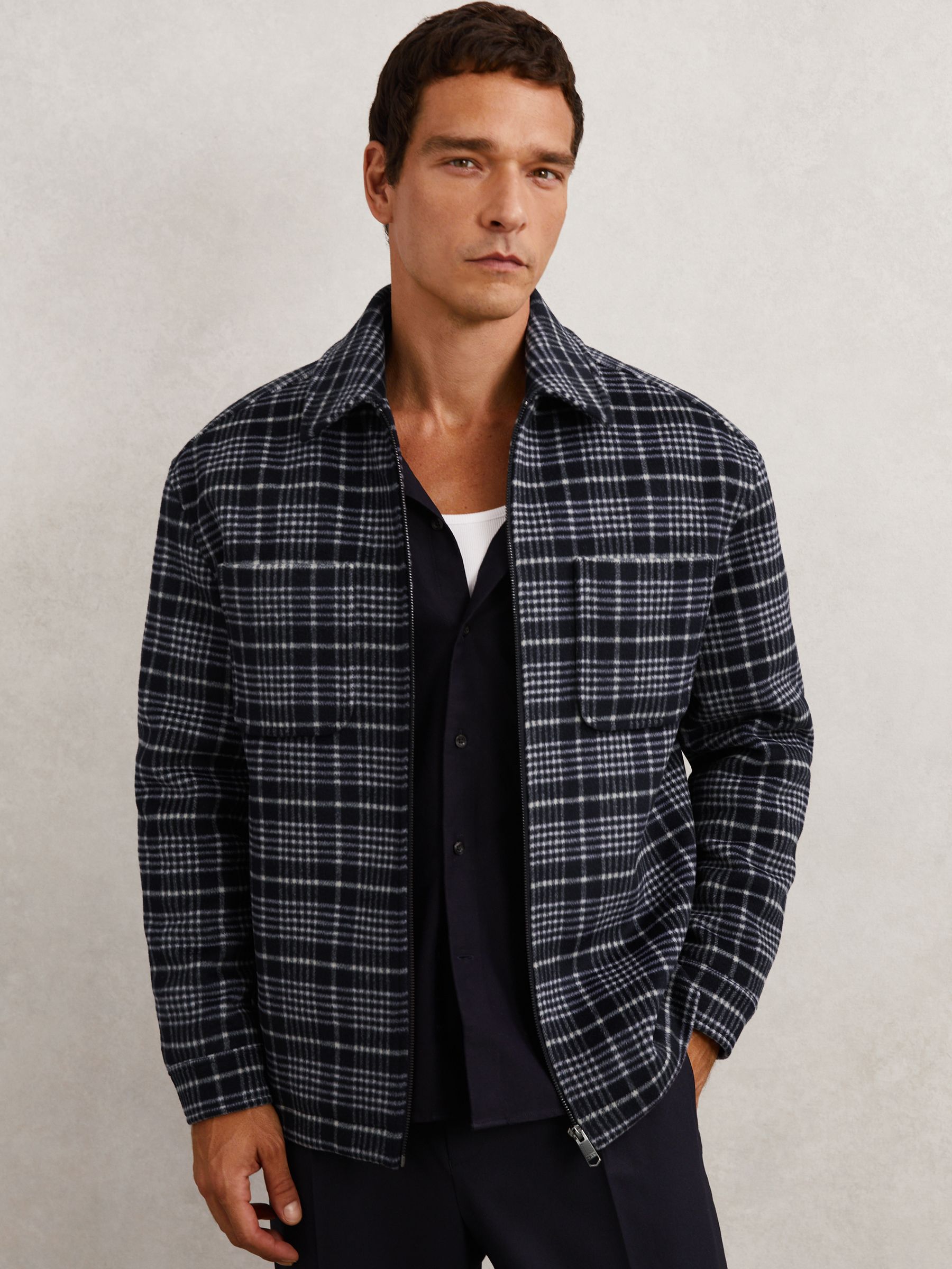 Wool-Blend Check Padded Overshirt in Blue - Image 1 of 6